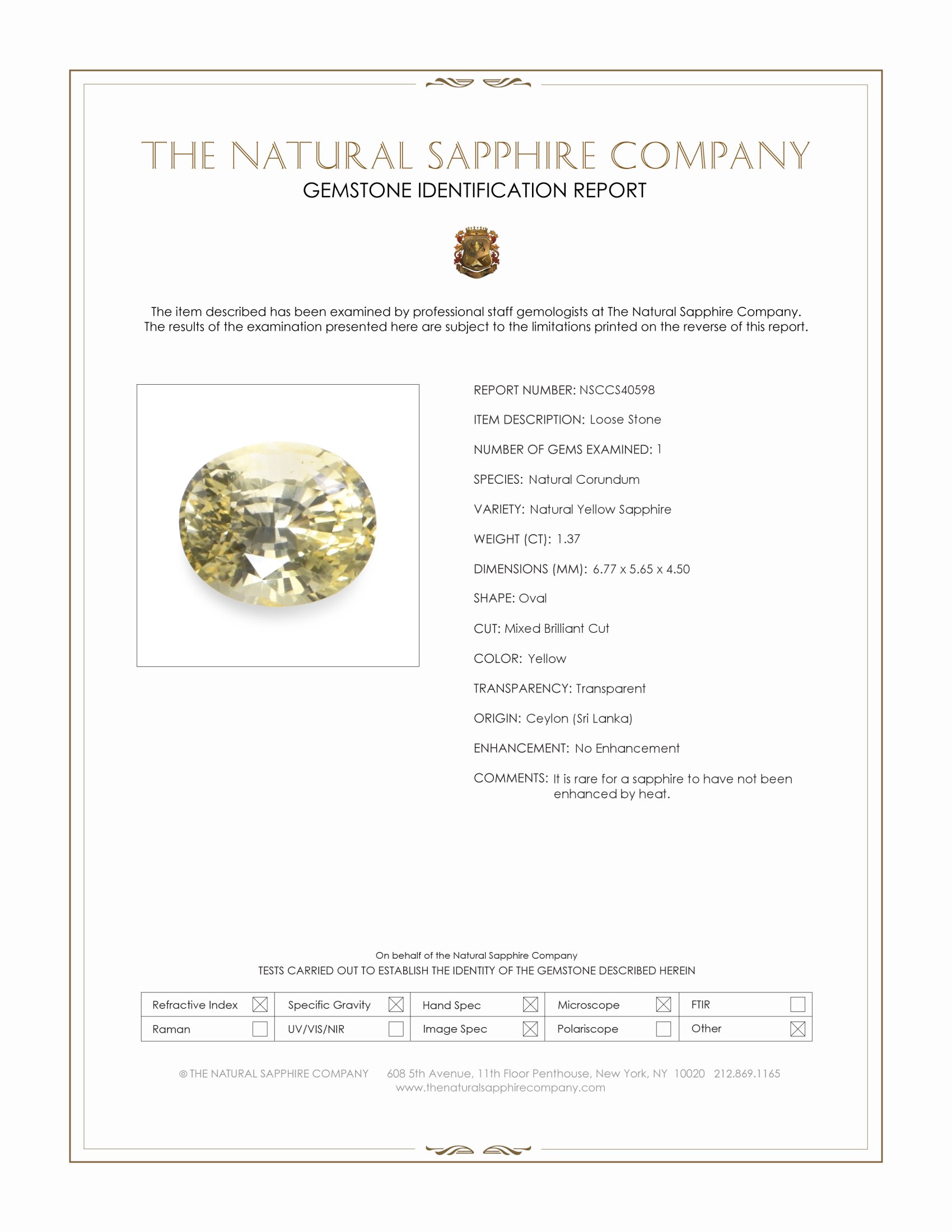1.37 Ct. Yellow Sapphire from Ceylon (Sri Lanka)