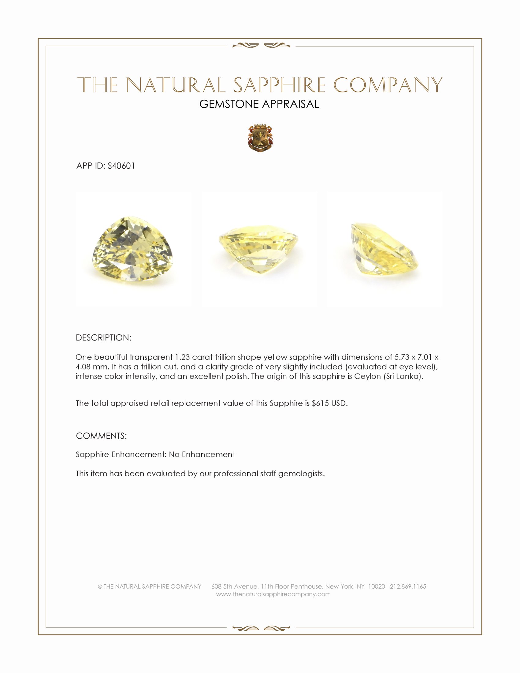 1.23 Ct. Yellow Sapphire from Ceylon (Sri Lanka)