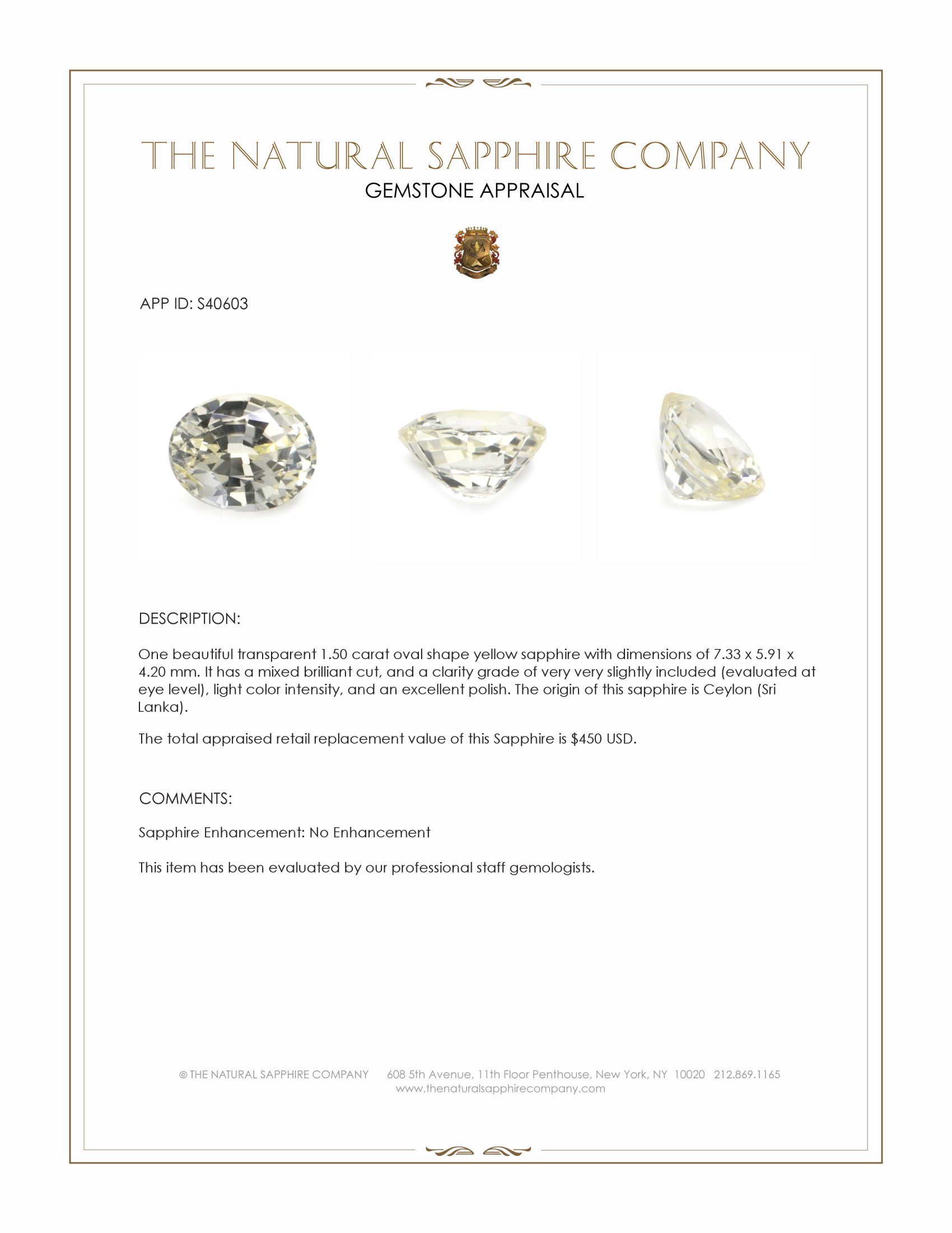 1.50 Ct. Yellow Sapphire from Ceylon (Sri Lanka)