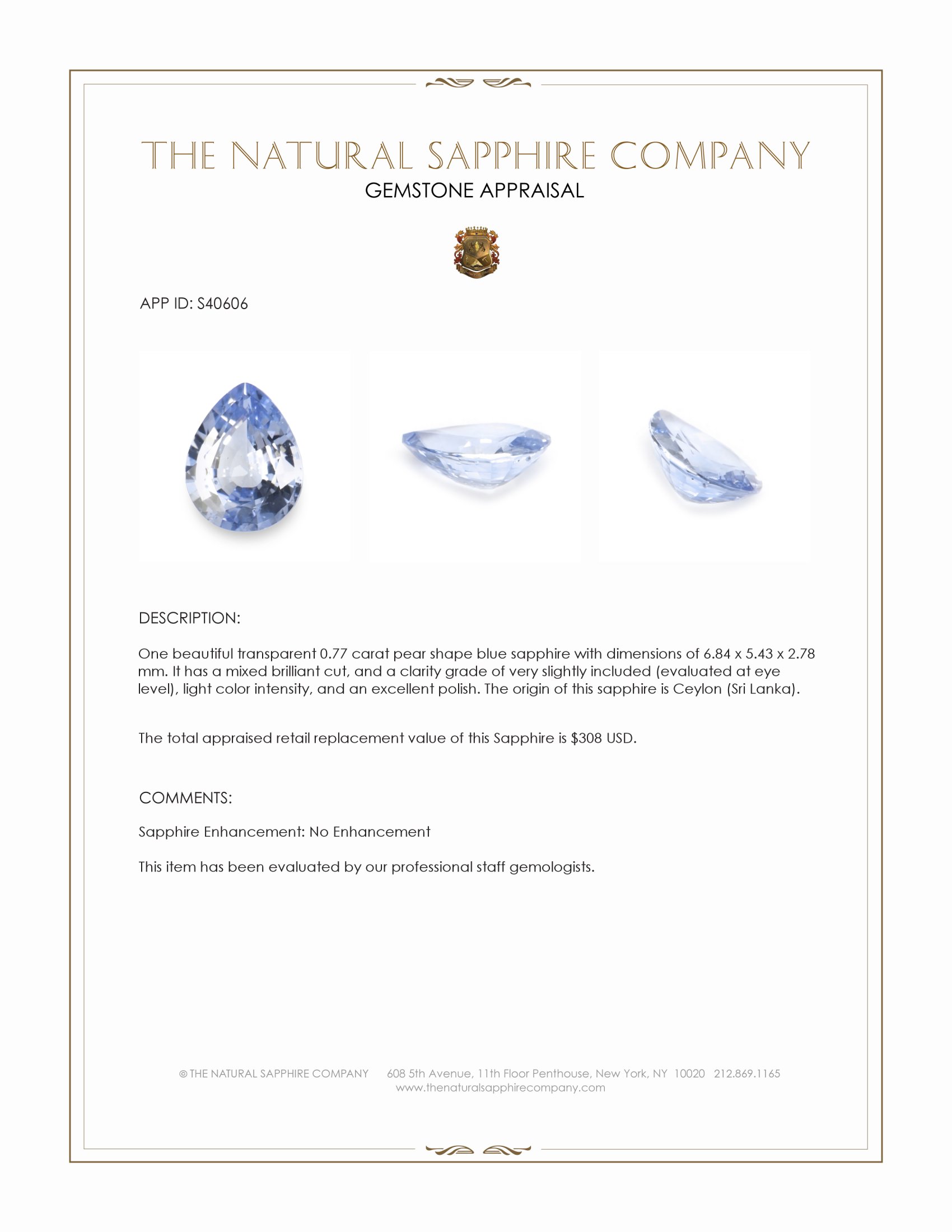 0.77 Ct. Blue Sapphire from Ceylon (Sri Lanka)