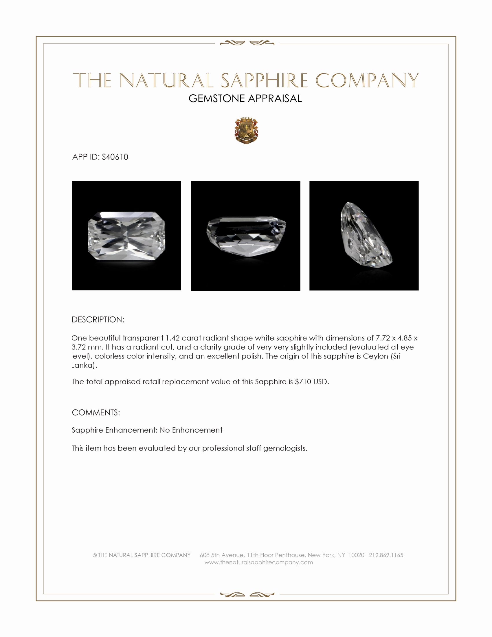 1.42 Ct. White Sapphire from Ceylon (Sri Lanka)