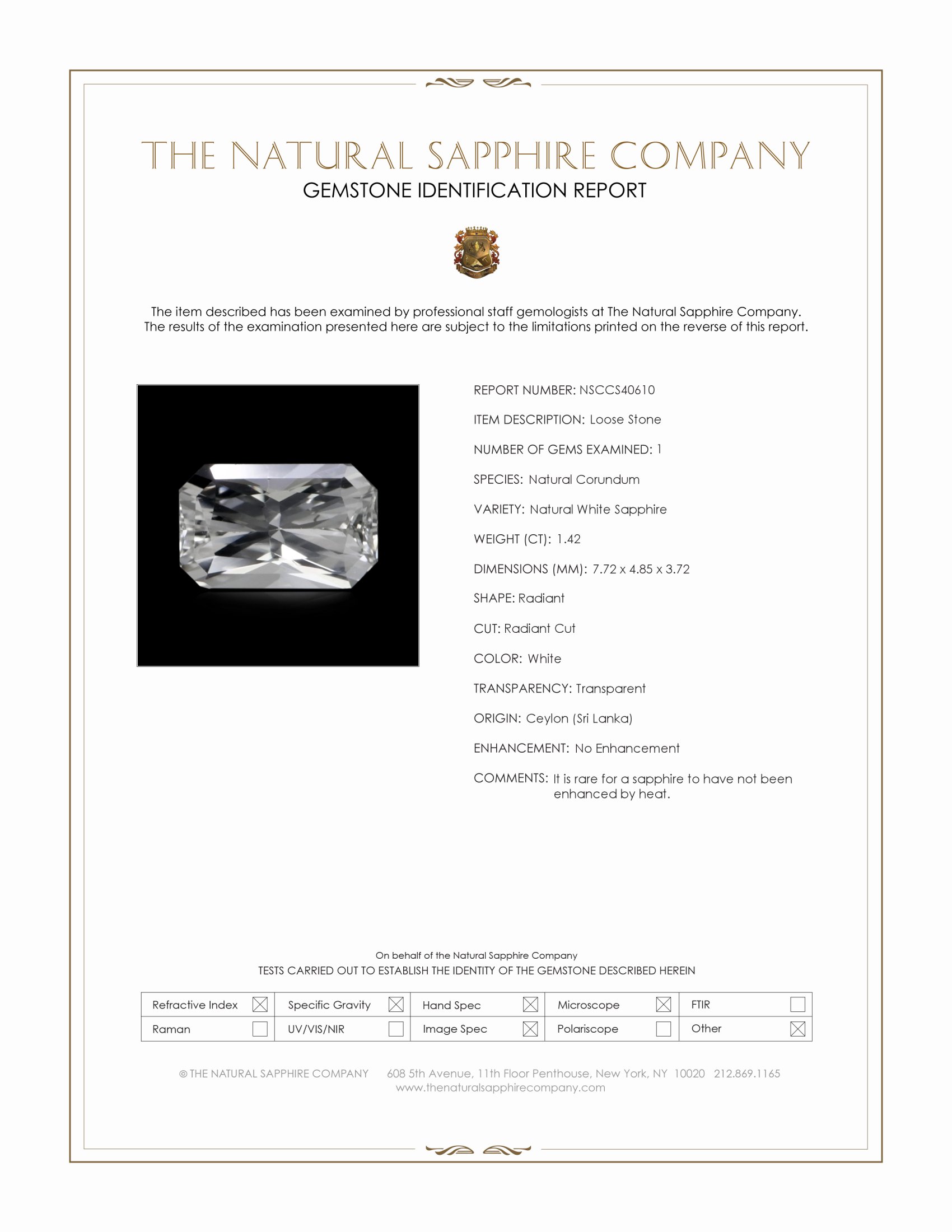1.42 Ct. White Sapphire from Ceylon (Sri Lanka)