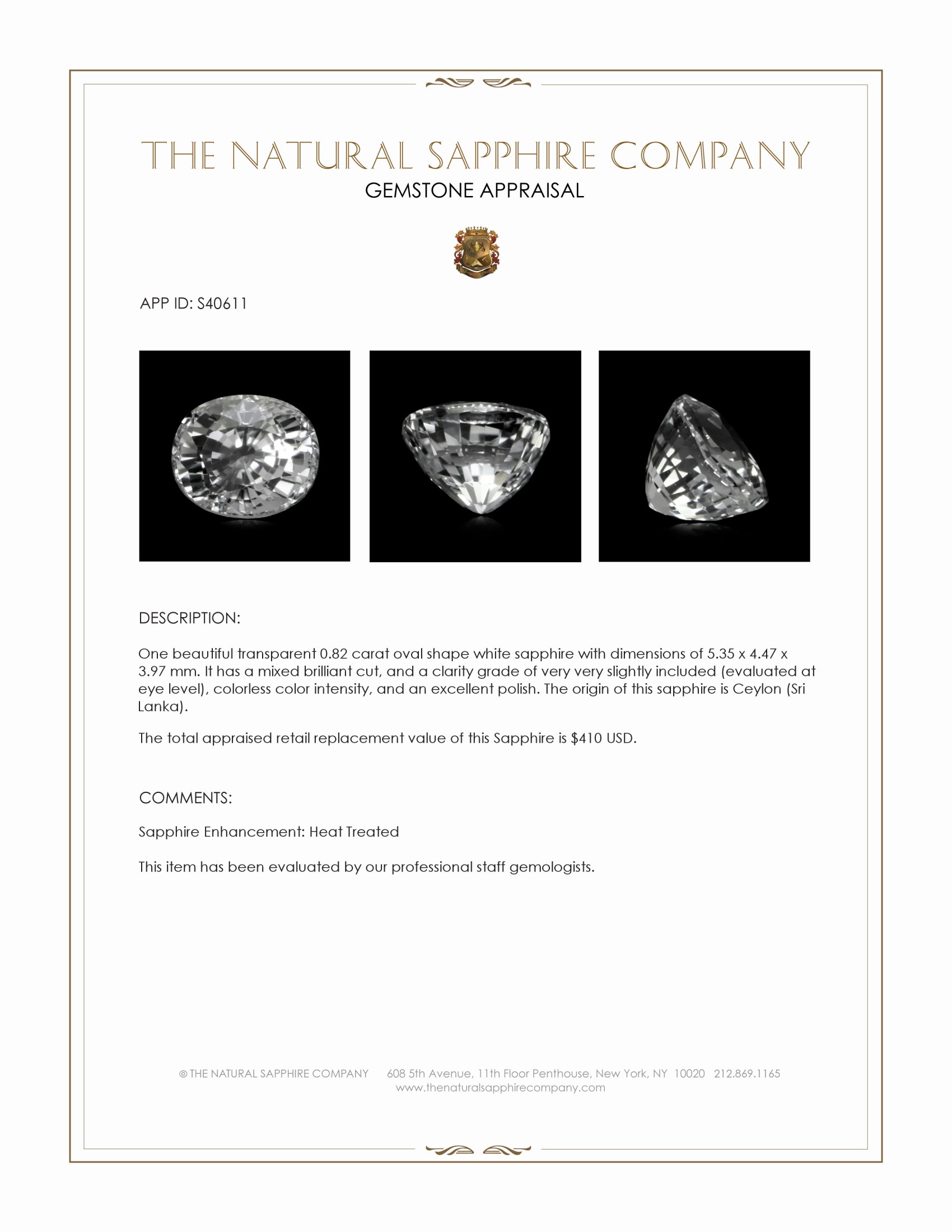 0.82 Ct. White Sapphire from Ceylon (Sri Lanka)
