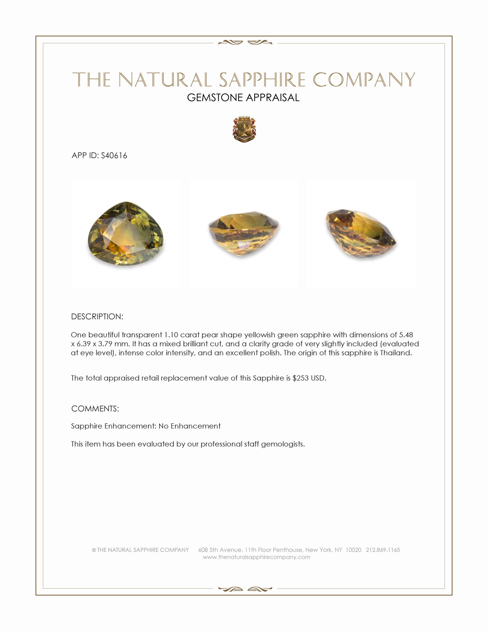 1.10 Ct. Yellowish Green Sapphire from Thailand