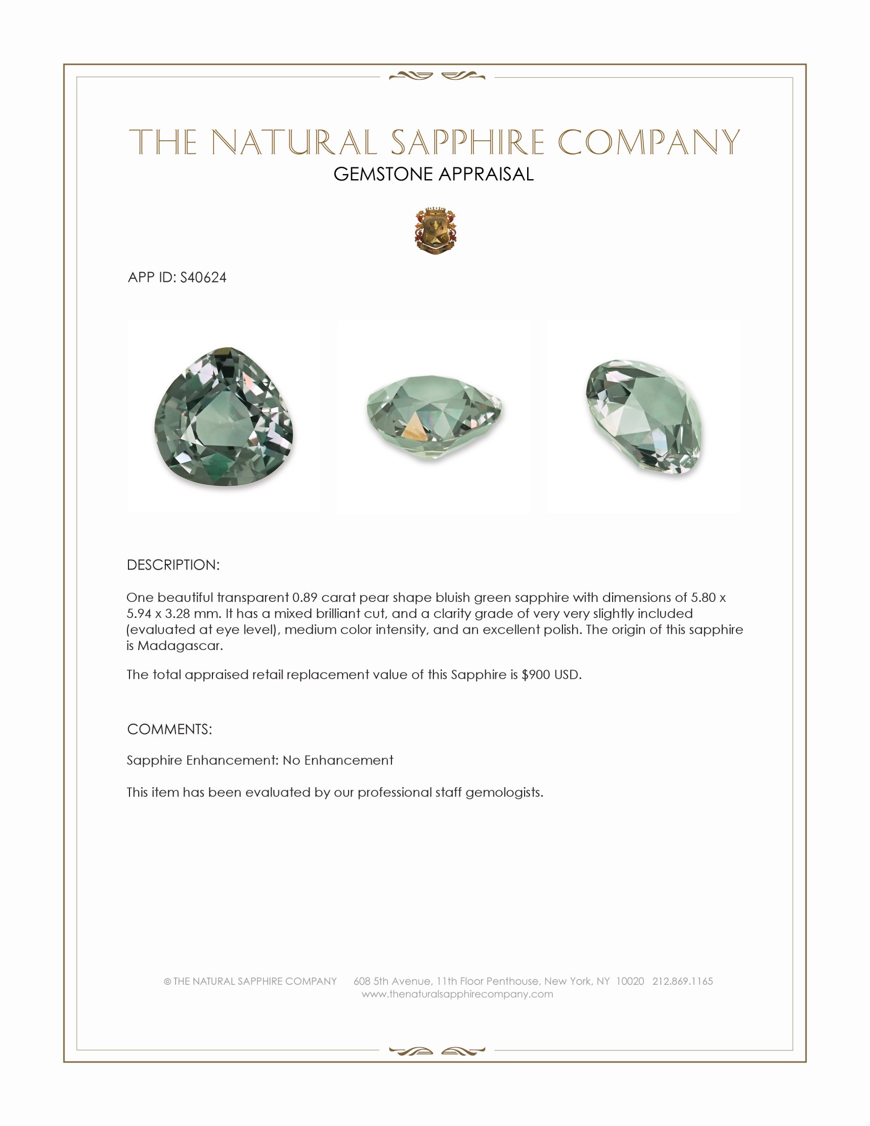 0.89 Ct. Bluish Green Sapphire from Madagascar