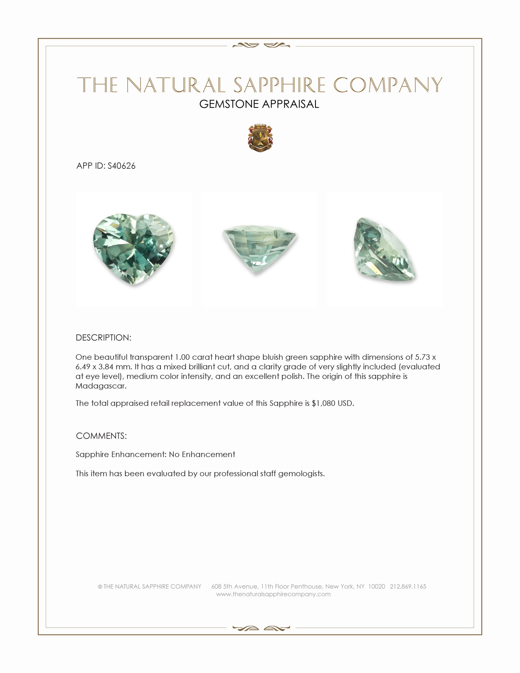 1.00 Ct. Bluish Green Sapphire from Madagascar
