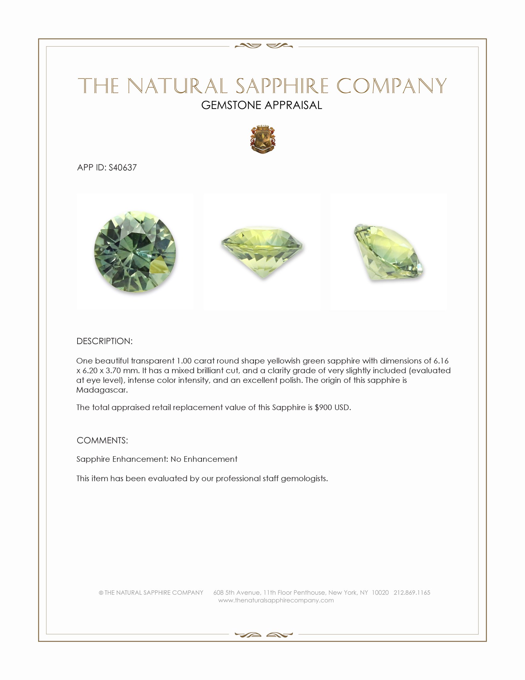 1.00 Ct. Yellowish Green Sapphire from Madagascar