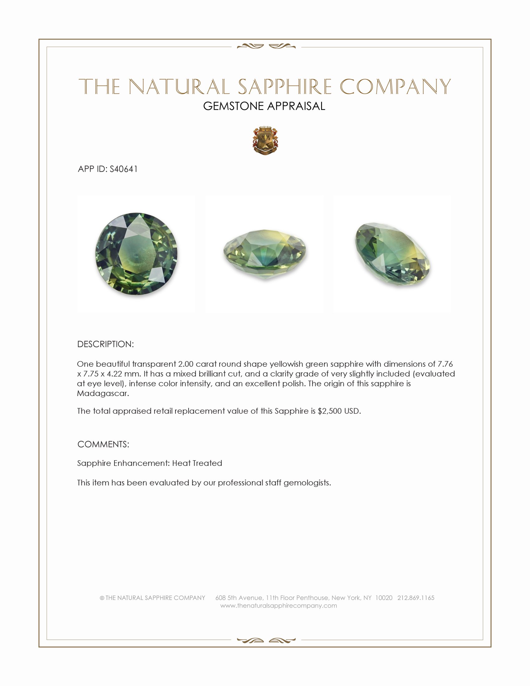 2.00 Ct. Yellowish Green Sapphire from Madagascar