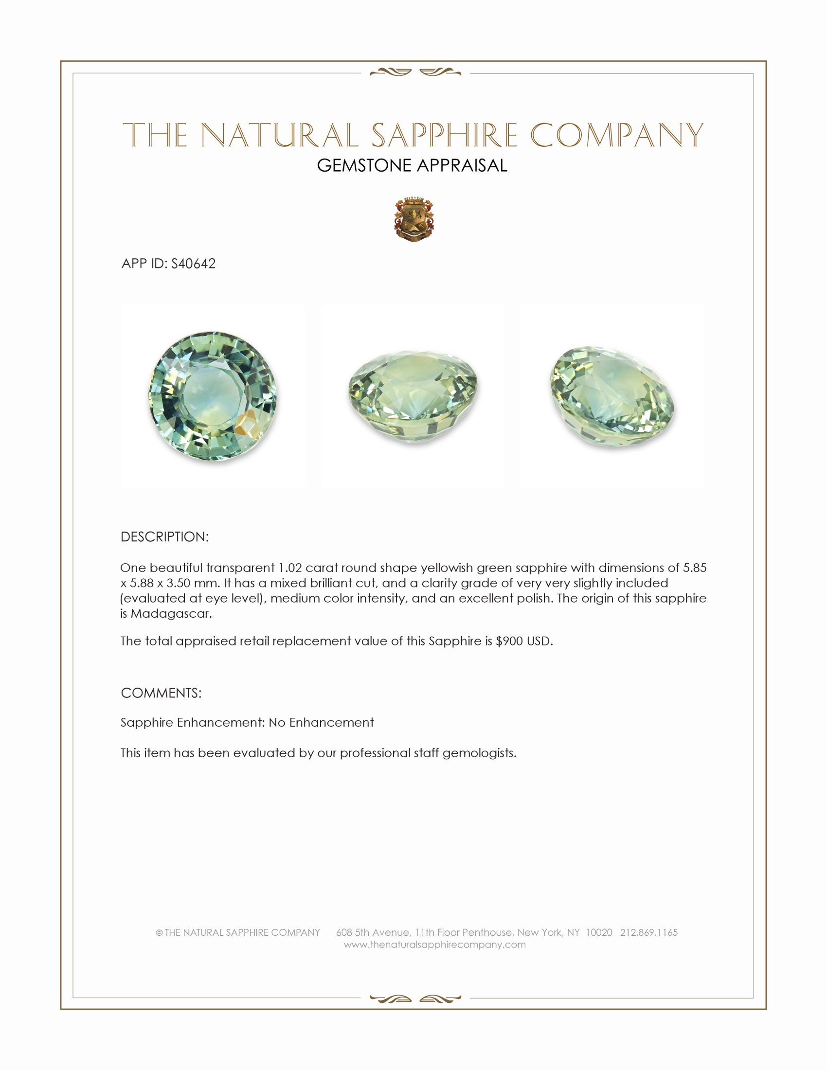1.02 Ct. Yellowish Green Sapphire from Madagascar