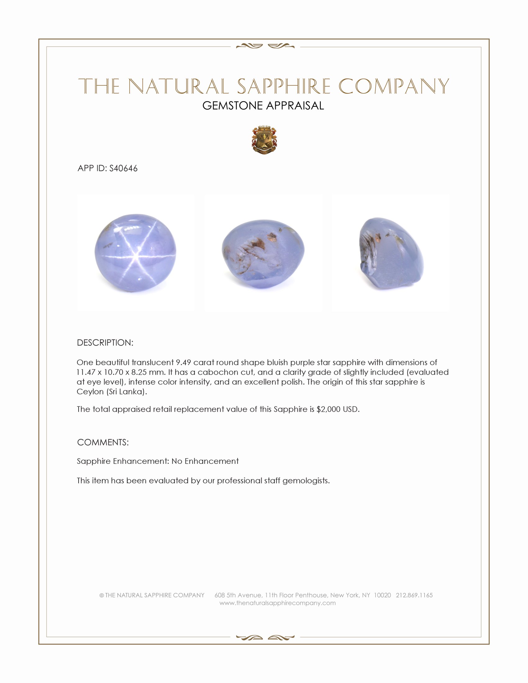 9.49 Ct. Bluish Purple Star Sapphire from Ceylon (Sri Lanka)