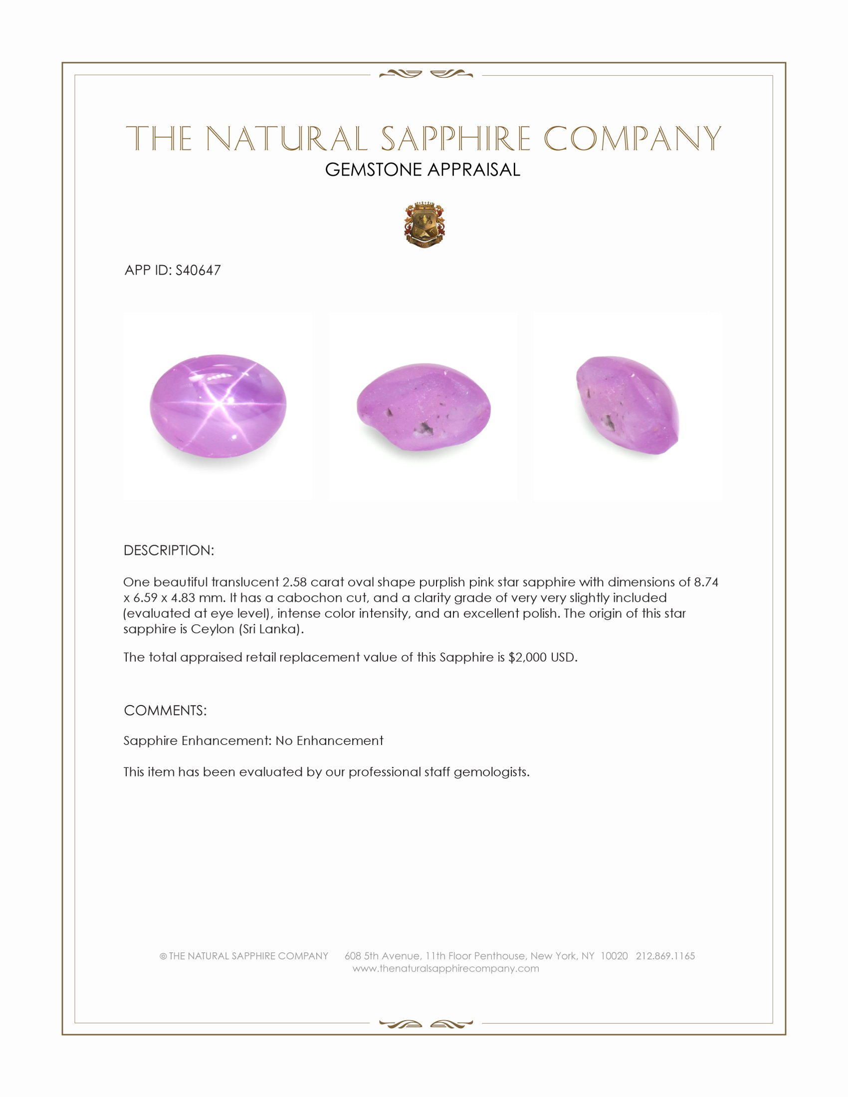 2.58 Ct. Purplish Pink Star Sapphire from Ceylon (Sri Lanka)