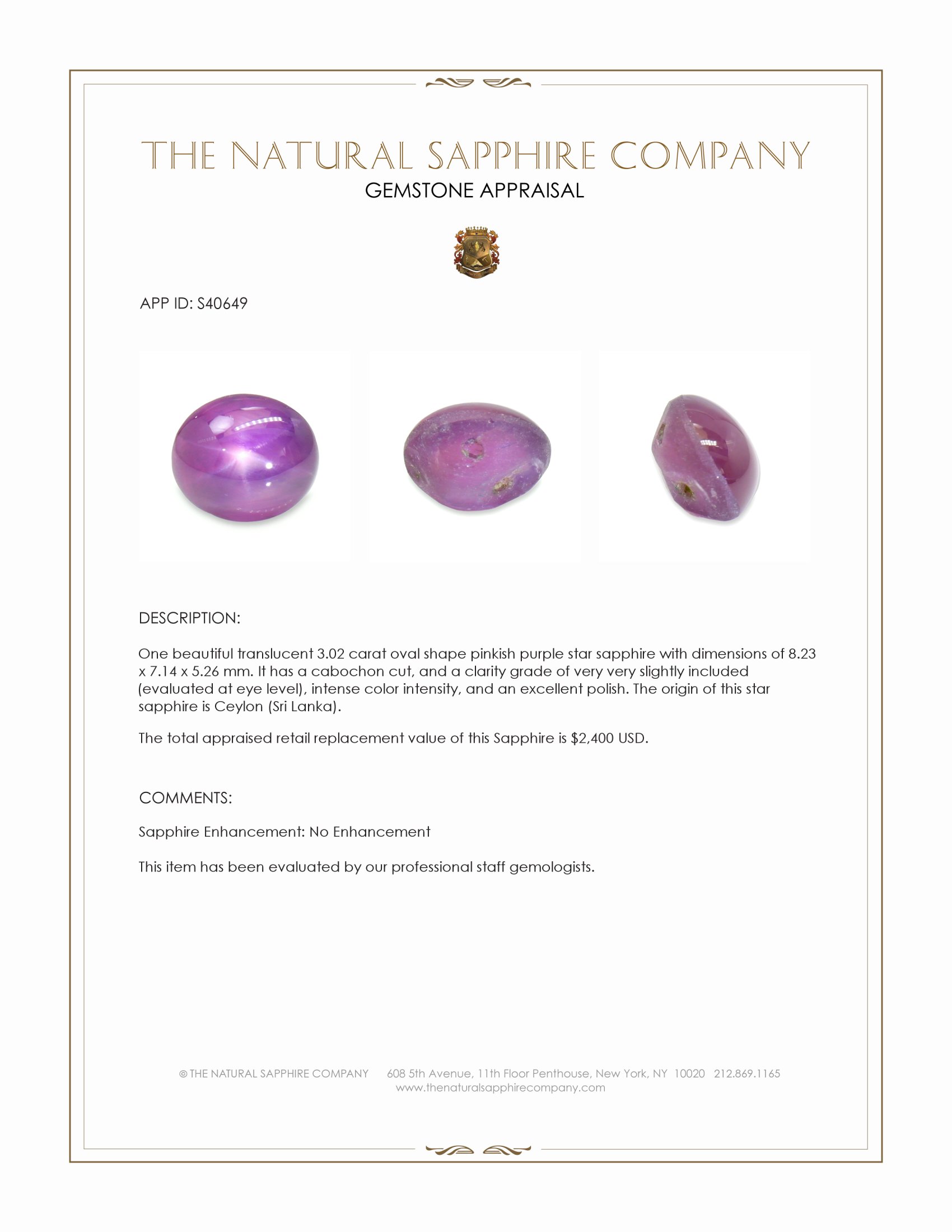 3.02 Ct. Pinkish Purple Star Sapphire from Ceylon (Sri Lanka)