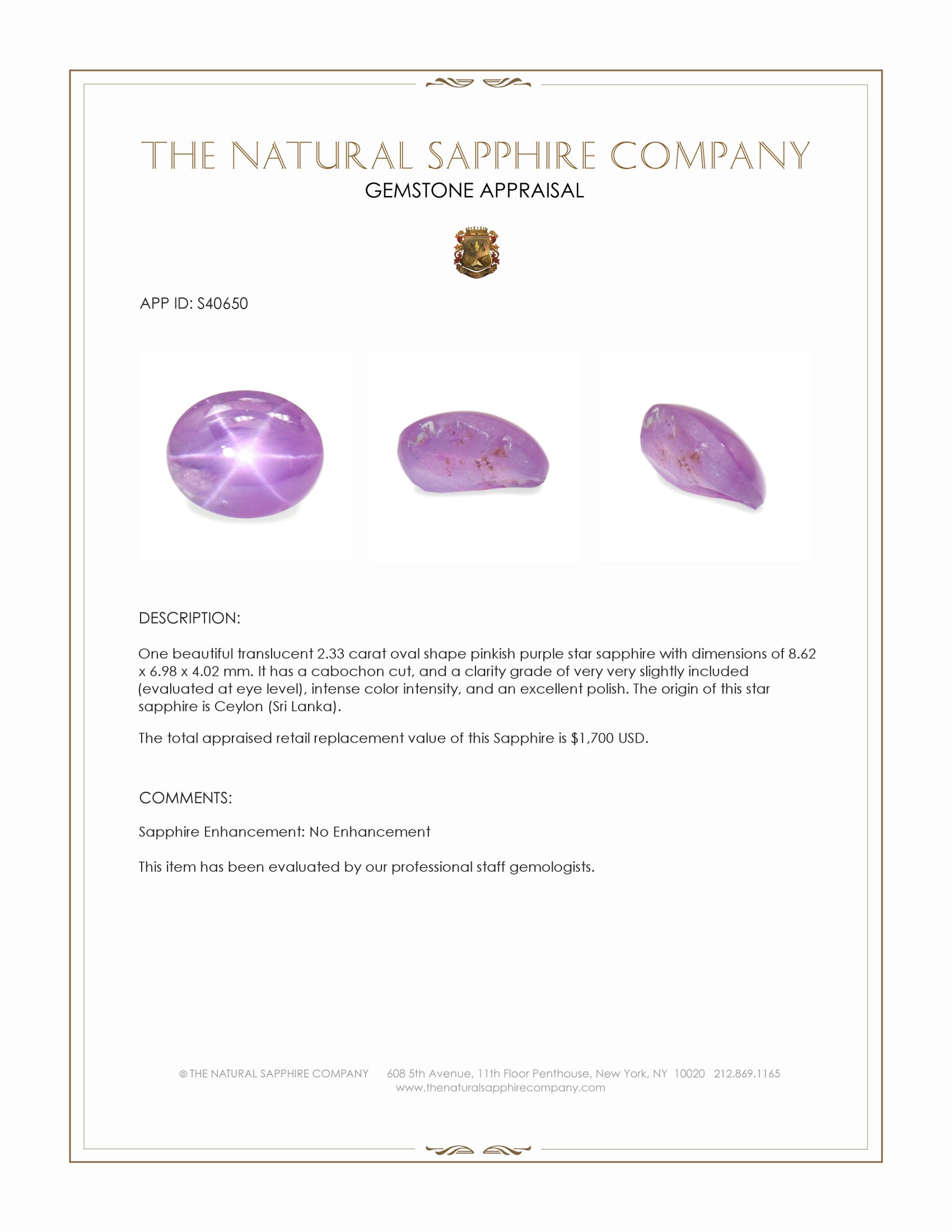 2.33 Ct. Pinkish Purple Star Sapphire from Ceylon (Sri Lanka)