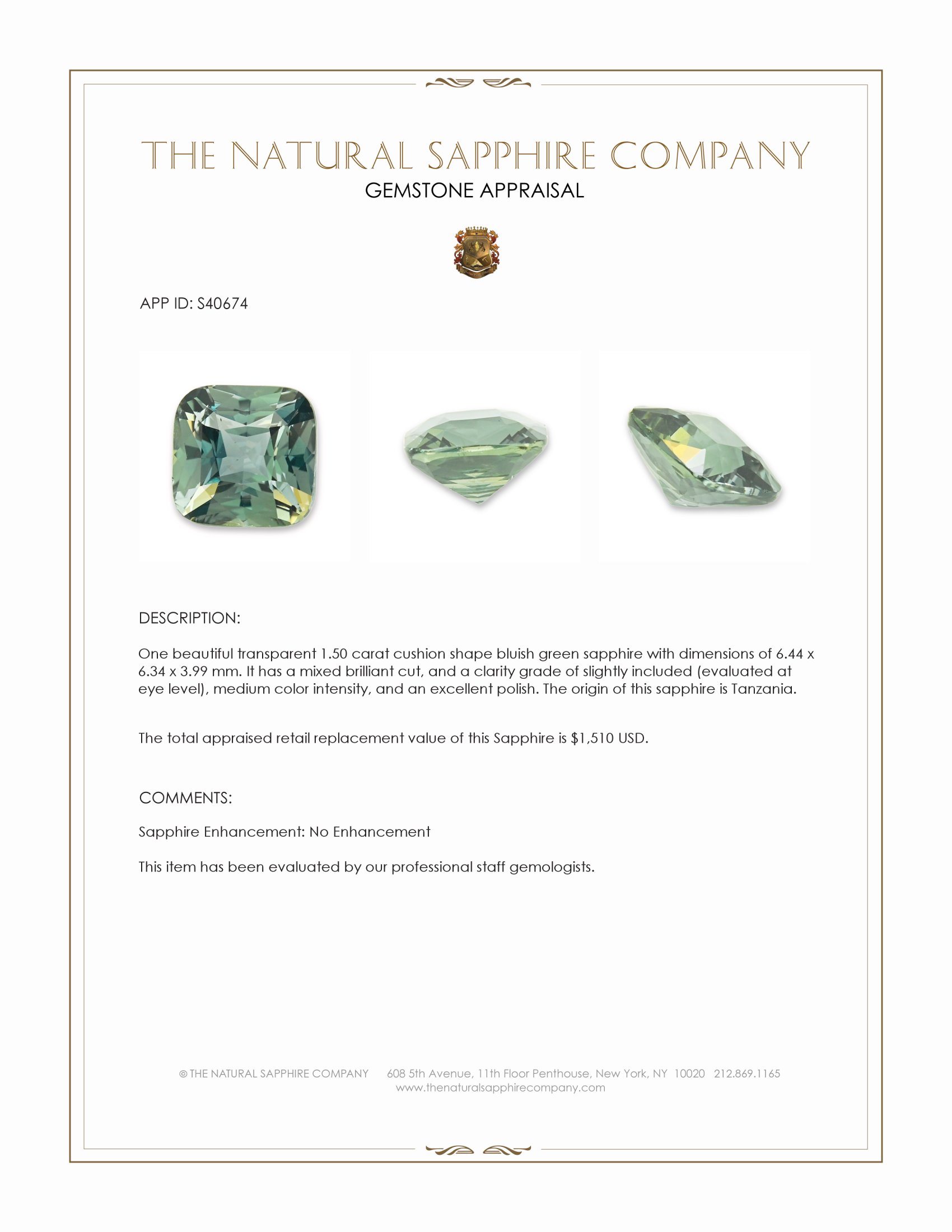 1.50 Ct. Bluish Green Sapphire from Tanzania