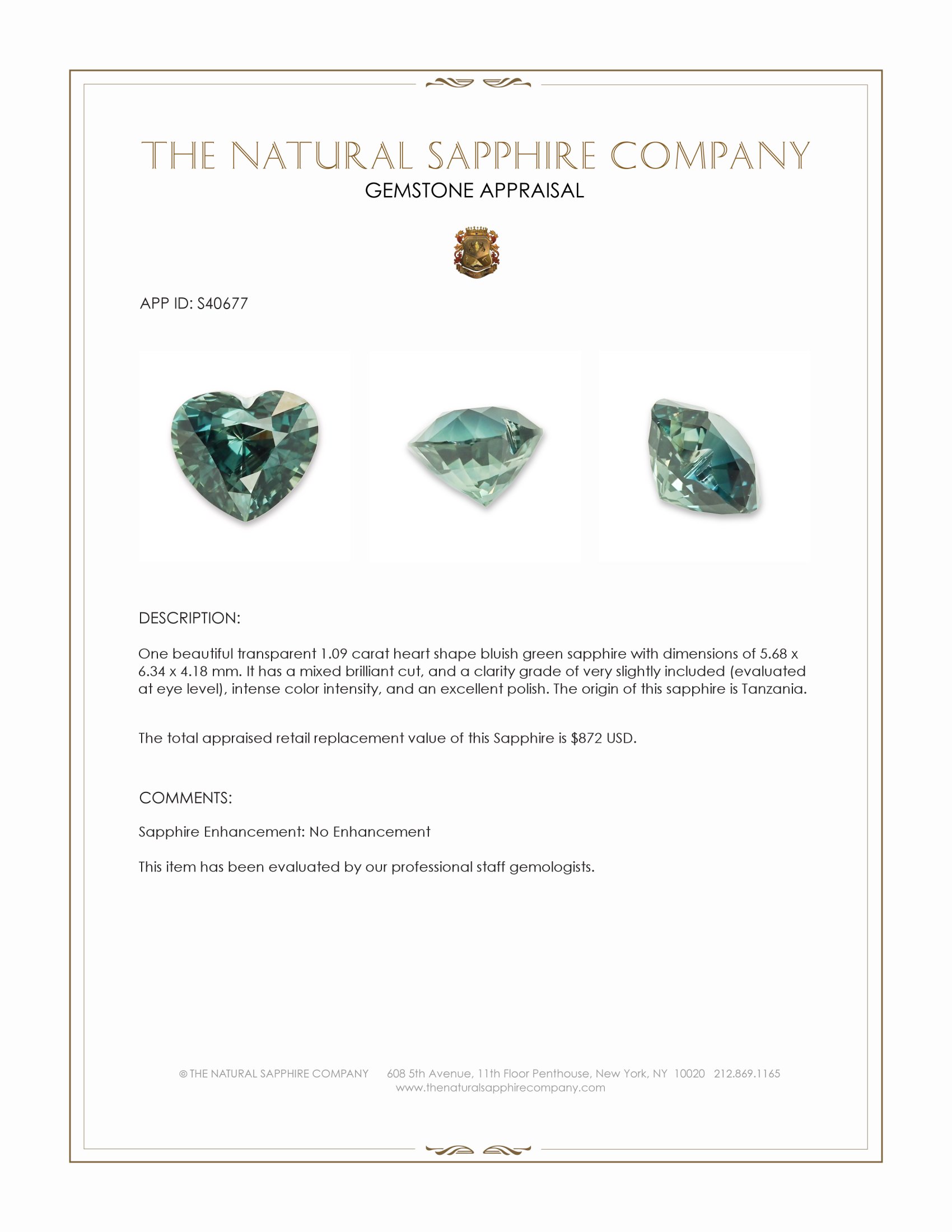 1.09 Ct. Bluish Green Sapphire from Tanzania