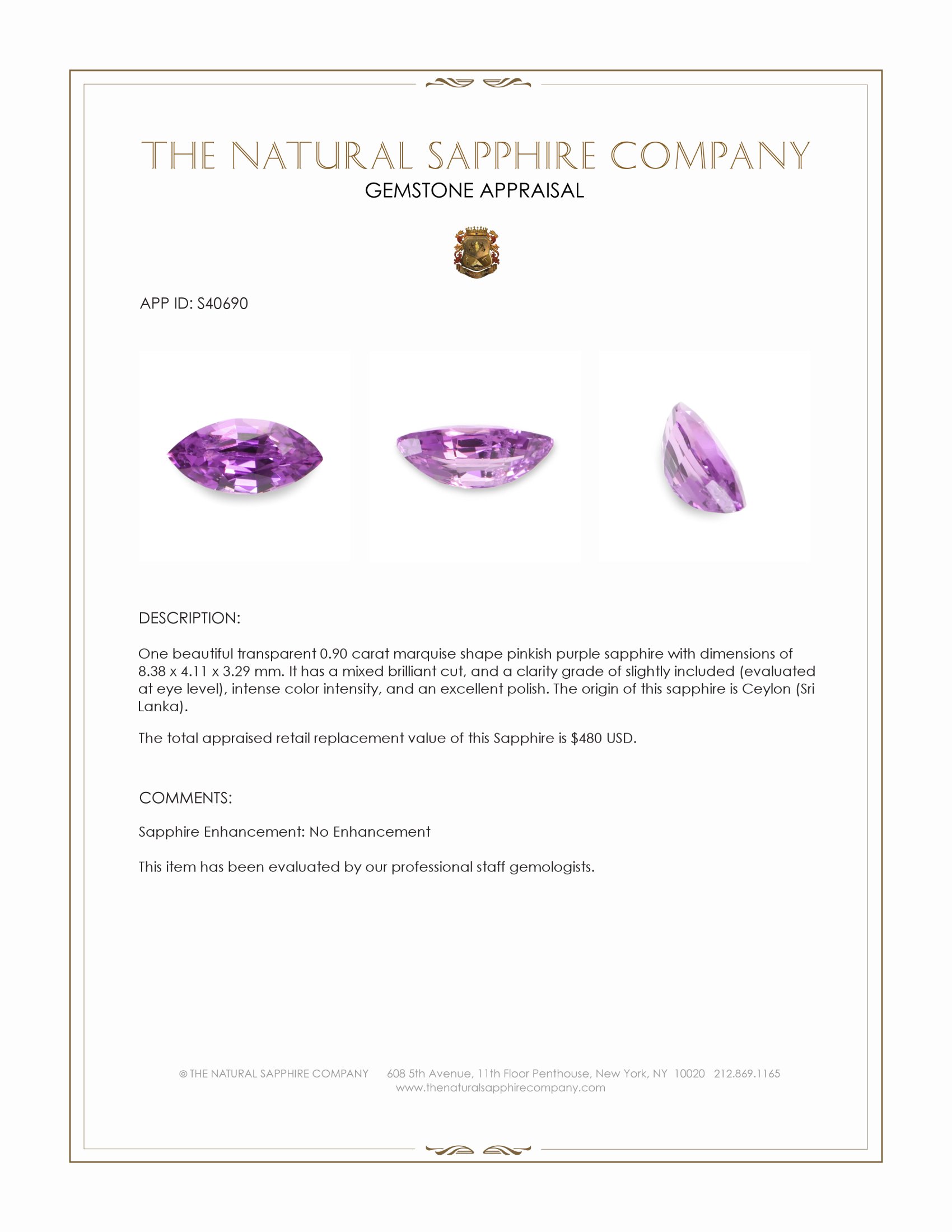 0.90 Ct. Pinkish Purple Sapphire from Ceylon (Sri Lanka)
