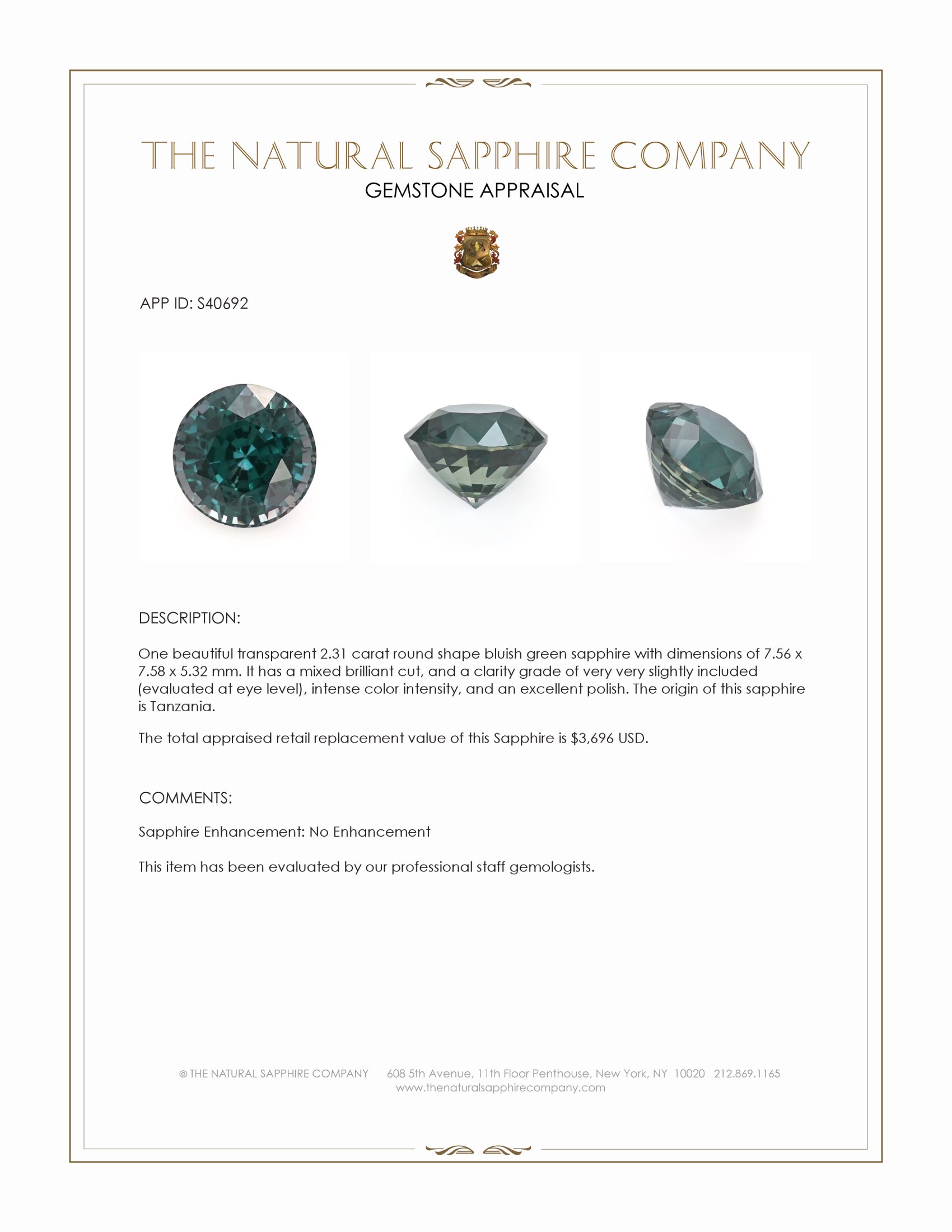 2.31 Ct. Bluish Green Sapphire from Tanzania