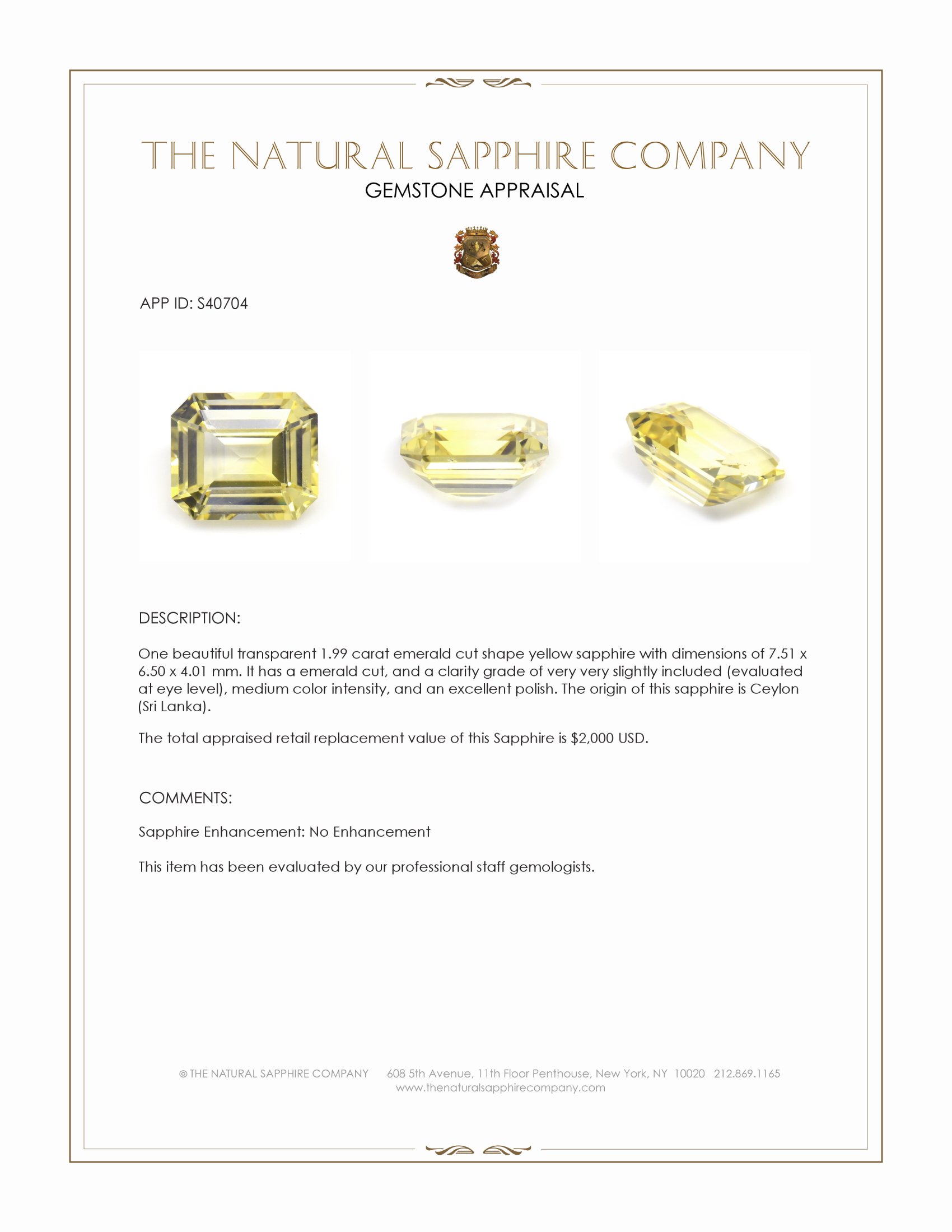 1.99 Ct. Yellow Sapphire from Ceylon (Sri Lanka)