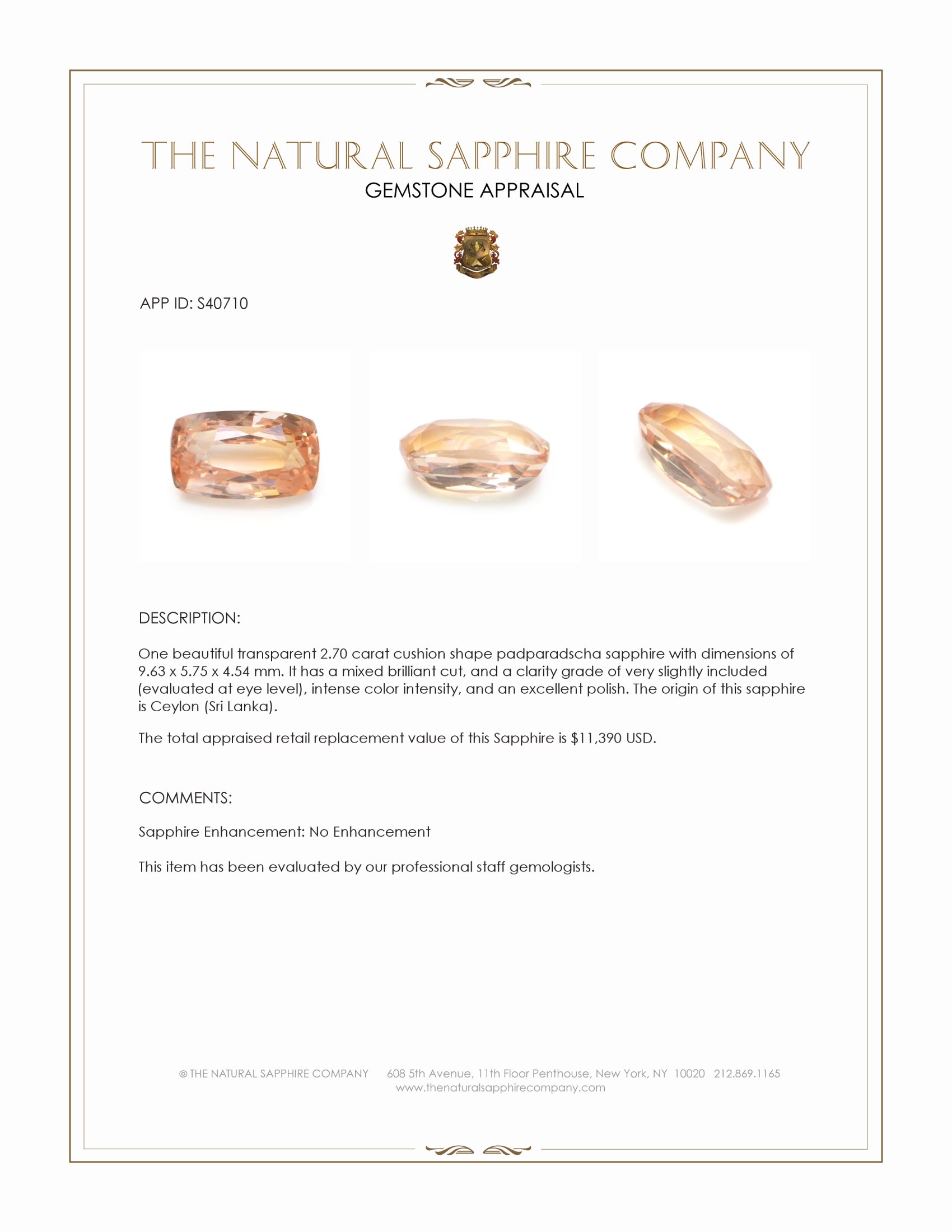 2.70 Ct. Padparadscha Sapphire from Ceylon (Sri Lanka)