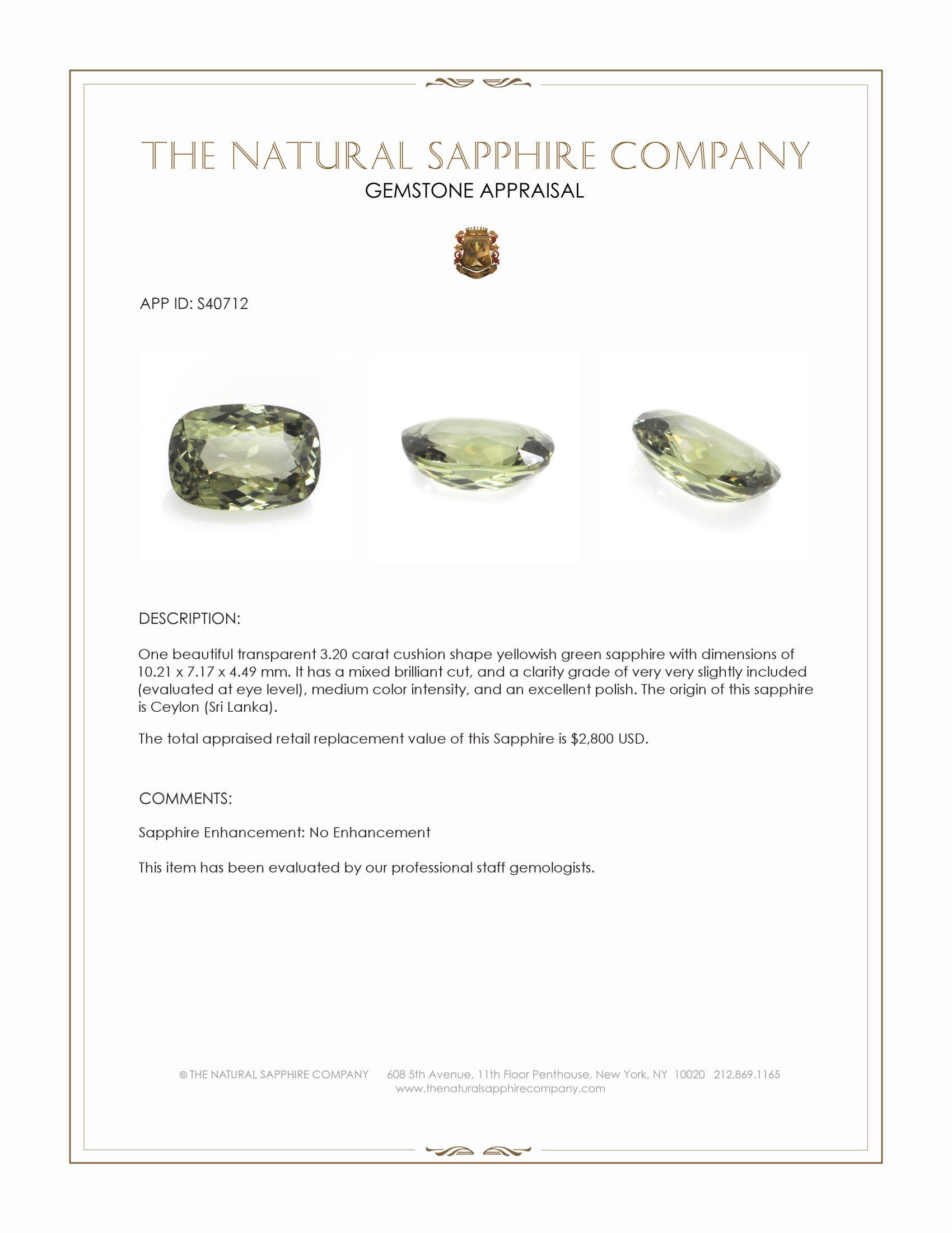 3.20 Ct. Yellowish Green Sapphire from Ceylon (Sri Lanka)