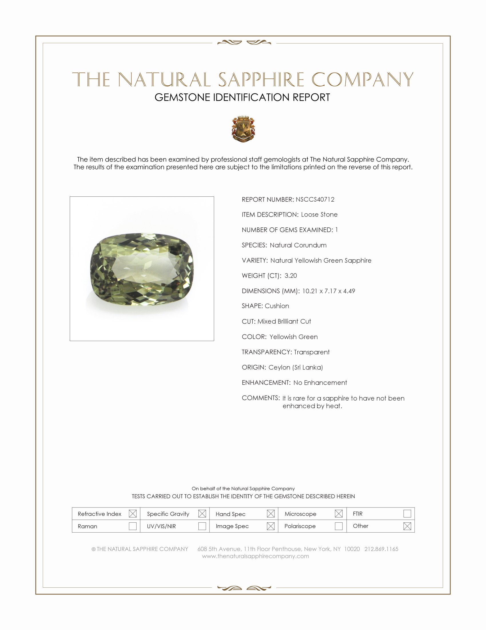 3.20 Ct. Yellowish Green Sapphire from Ceylon (Sri Lanka)