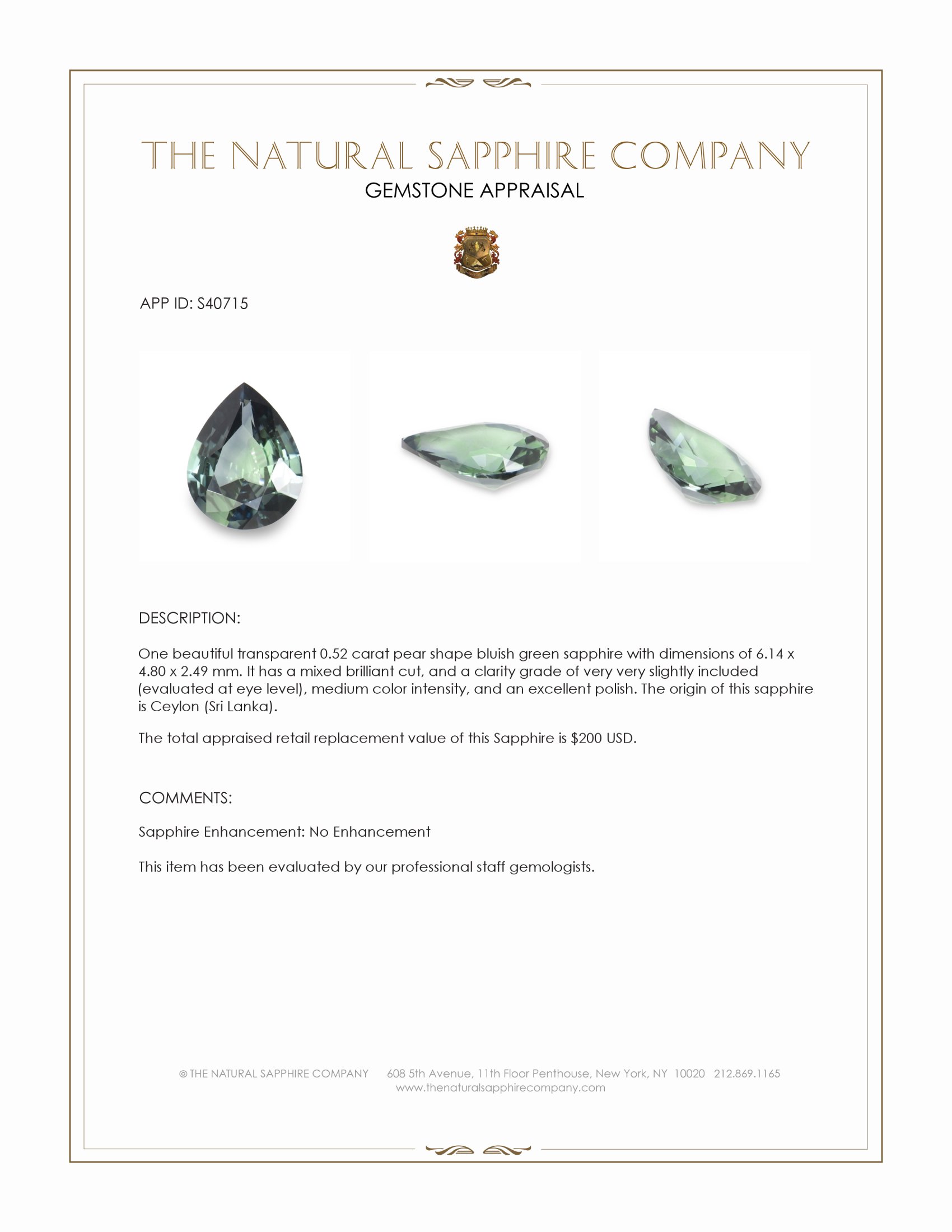 0.52 Ct. Bluish Green Sapphire from Ceylon (Sri Lanka)