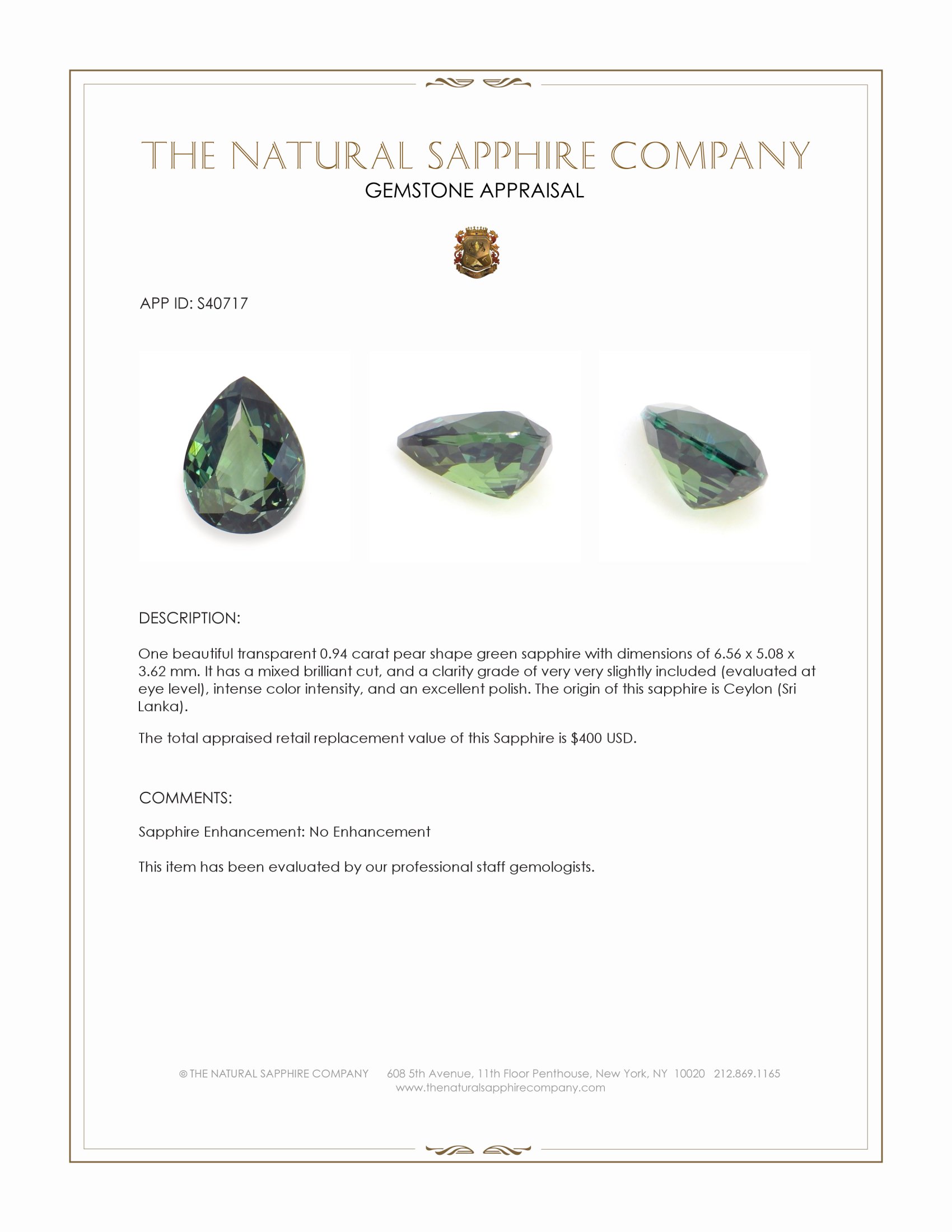 0.94 Ct. Green Sapphire from Ceylon (Sri Lanka)