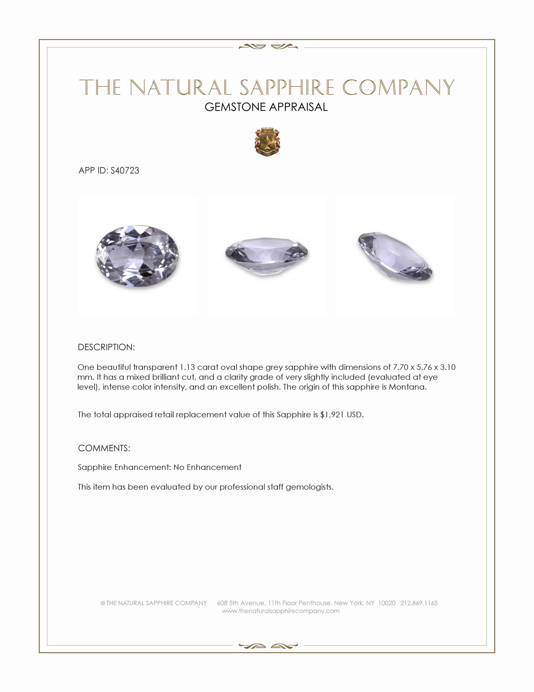 1.13 Ct. Grey Sapphire from Montana