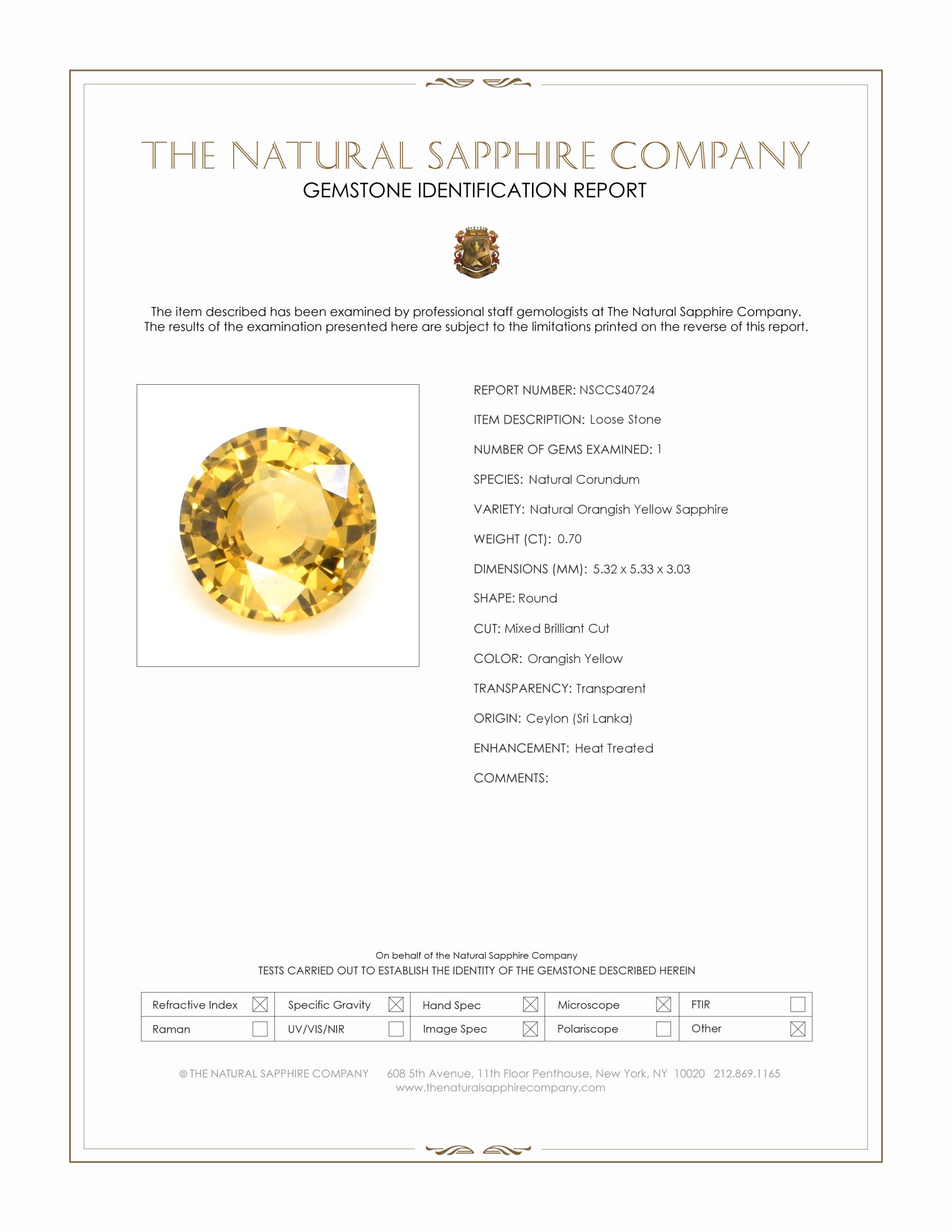 0.70 Ct. Orangish Yellow Sapphire from Ceylon (Sri Lanka)