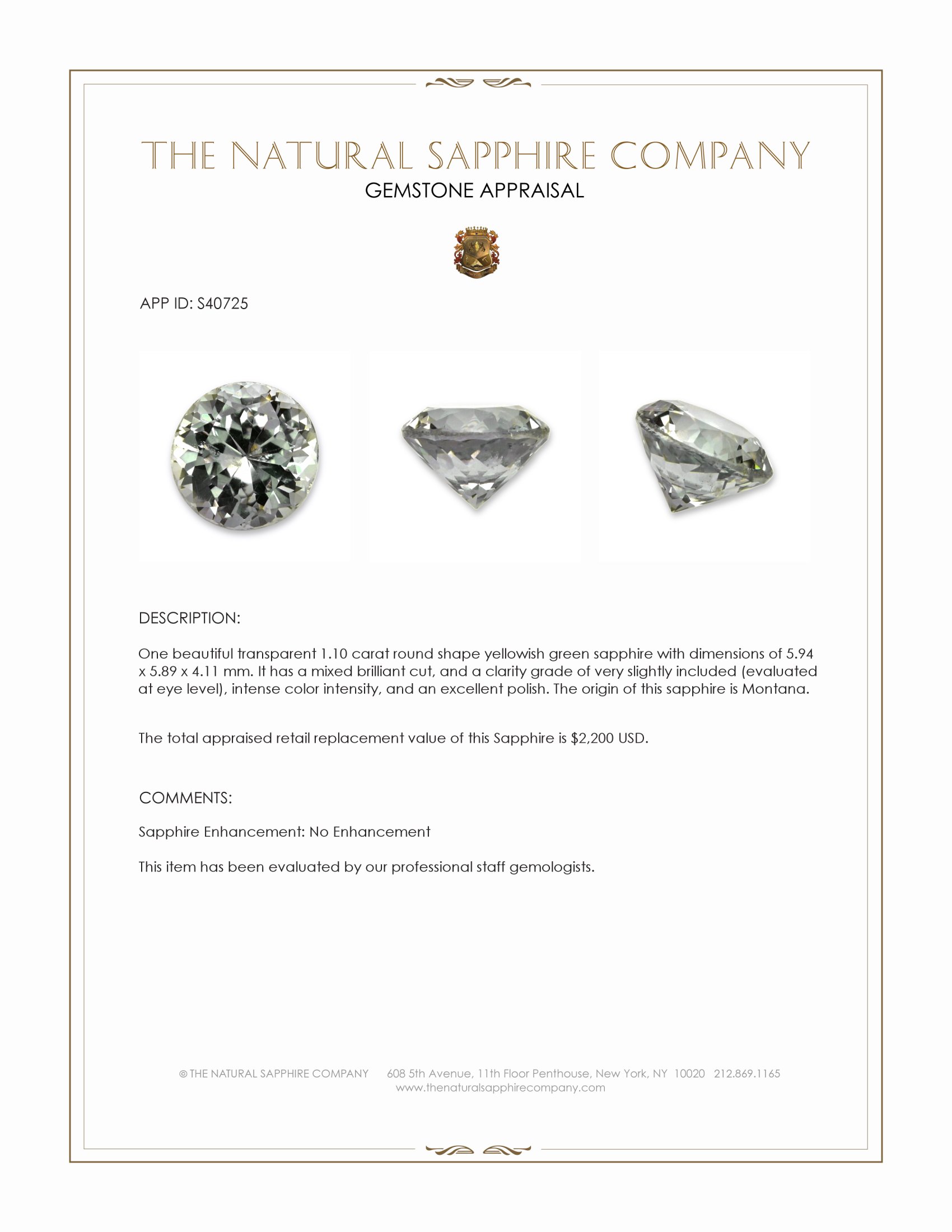 1.10 Ct. Yellowish Green Sapphire from Montana