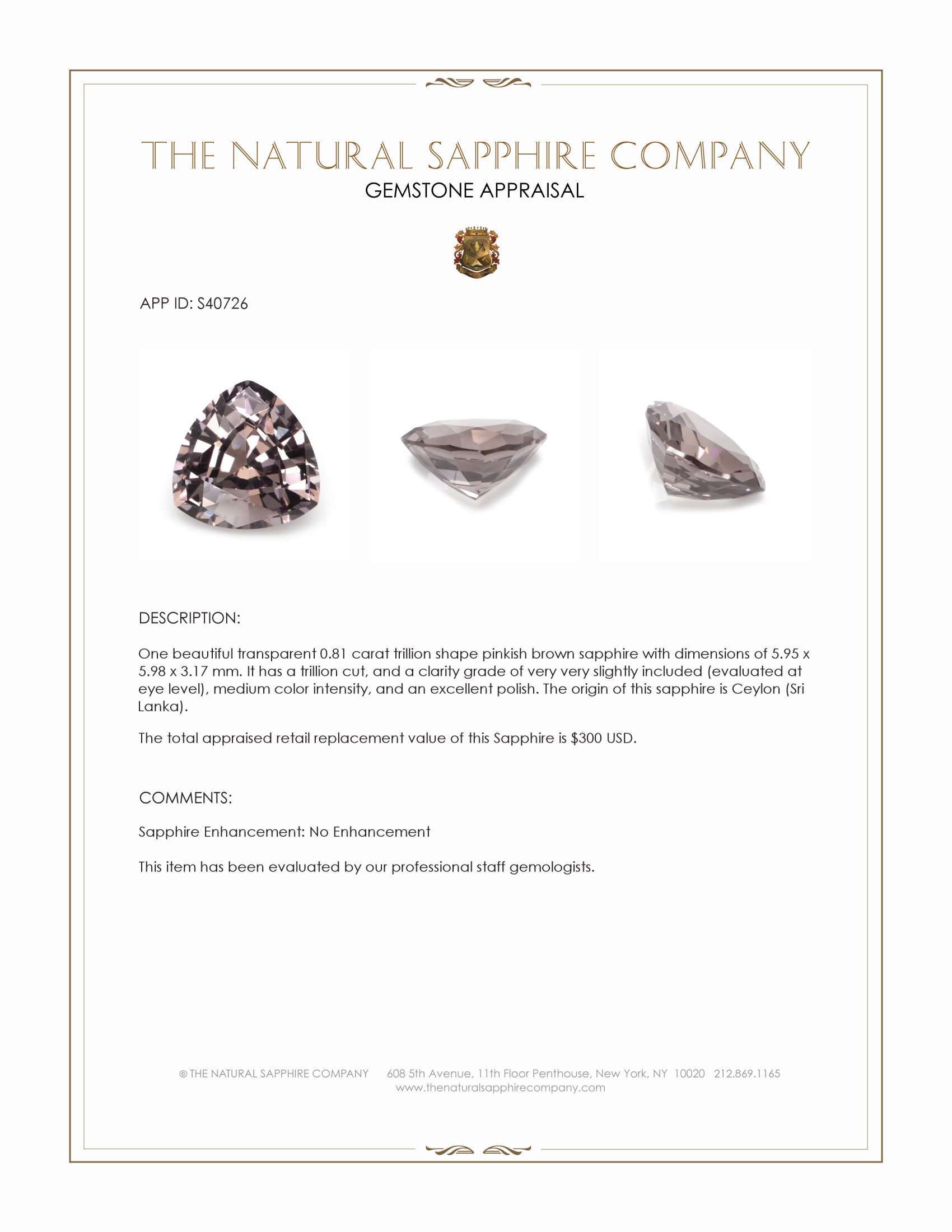 0.81 Ct. Pinkish Brown Sapphire from Ceylon (Sri Lanka)