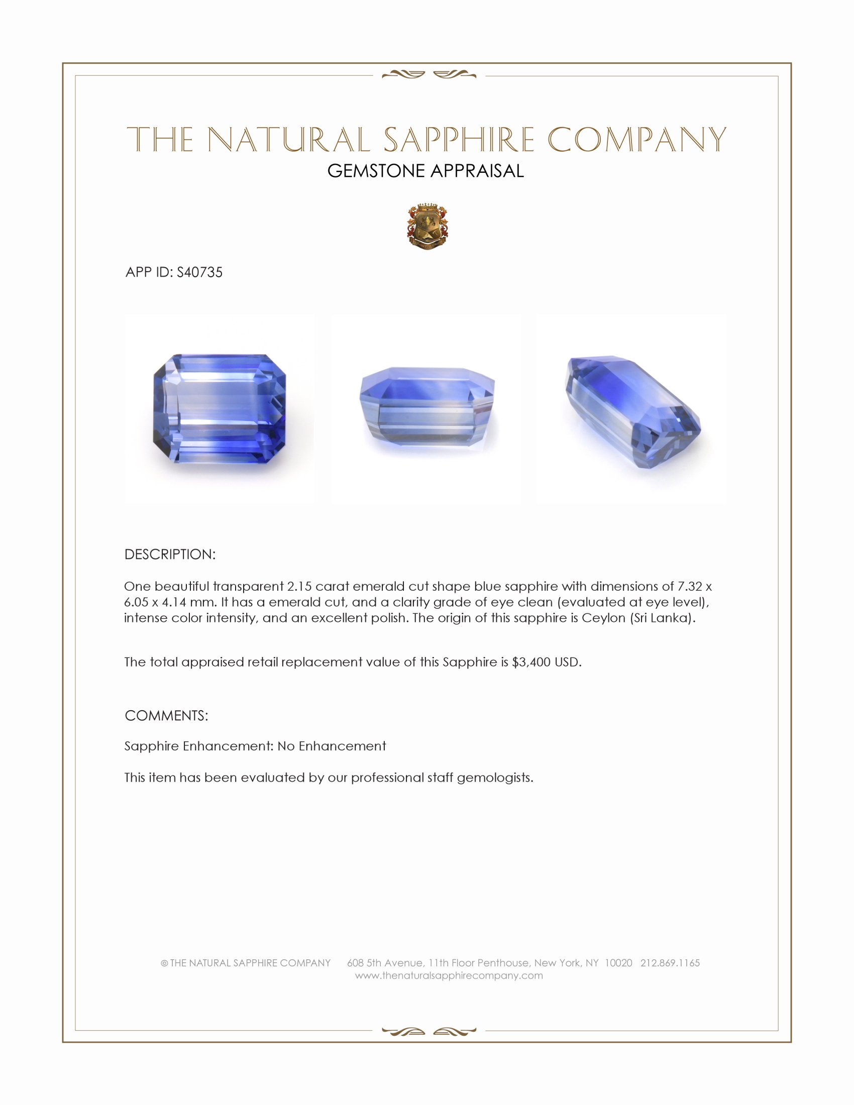 2.15 Ct. Blue Sapphire from Ceylon (Sri Lanka)