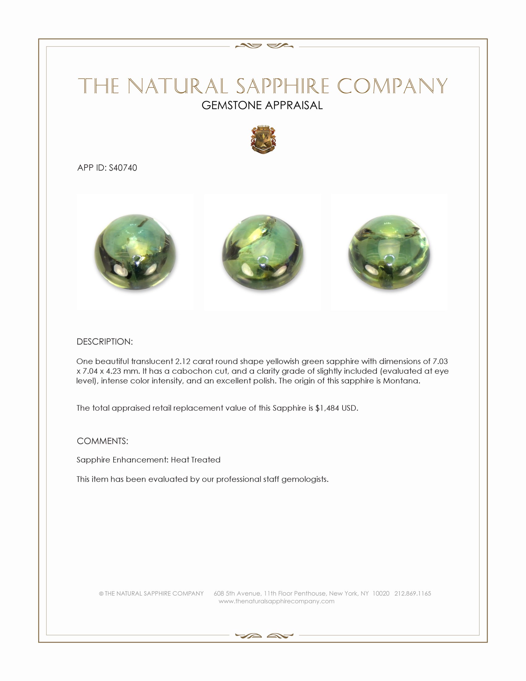 2.12 Ct. Yellowish Green Cabochon Sapphire from Montana