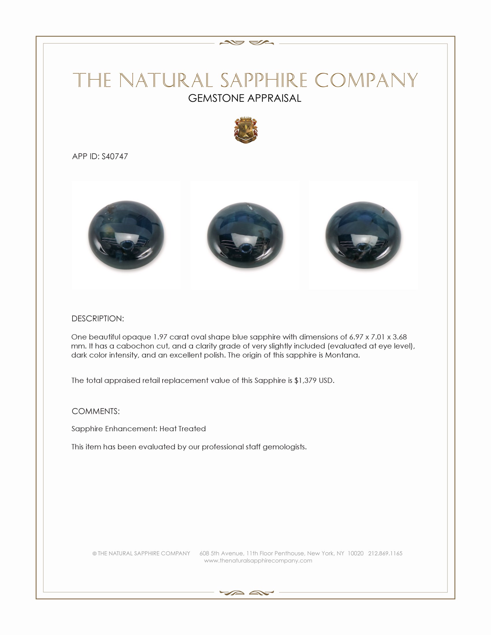 1.97 Ct. Blue Cabochon Sapphire from Montana
