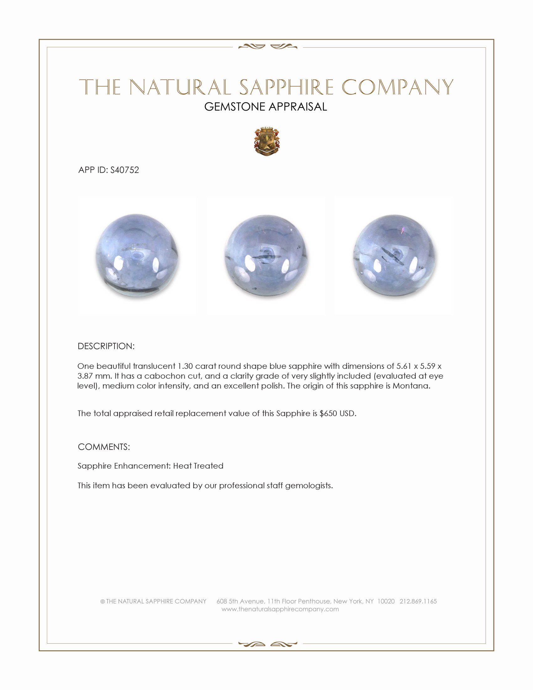 1.30 Ct. Blue Cabochon Sapphire from Montana