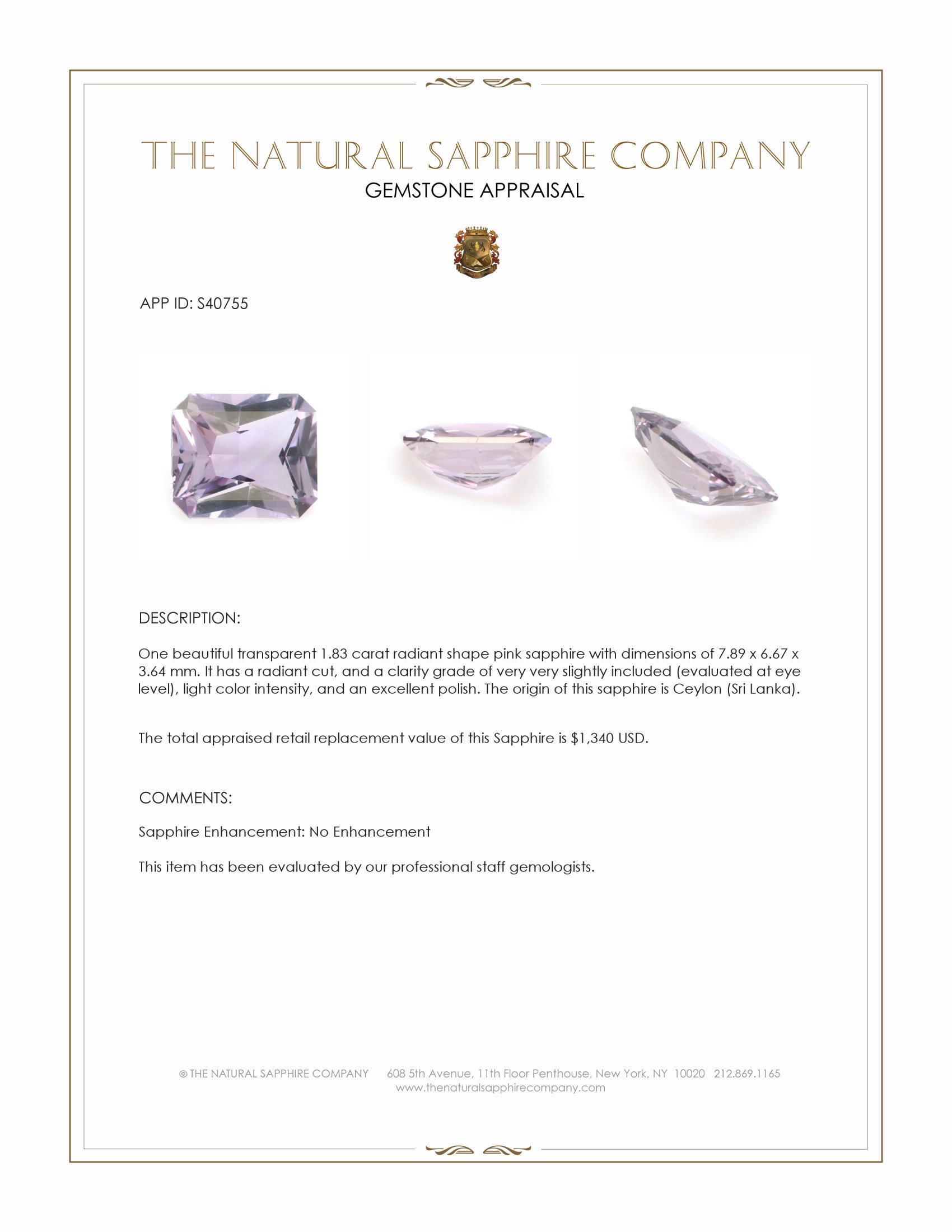 1.83 Ct. Pink Sapphire from Ceylon (Sri Lanka)