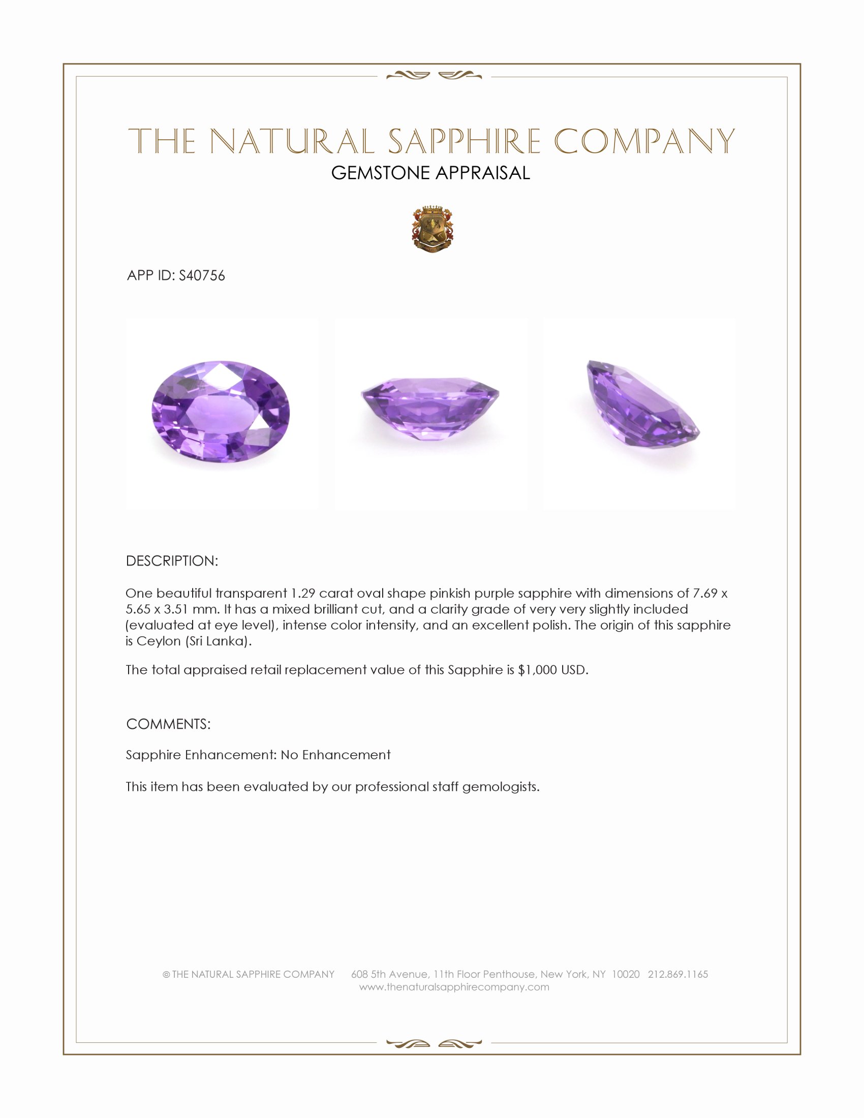 1.29 Ct. Pinkish Purple Sapphire from Ceylon (Sri Lanka)