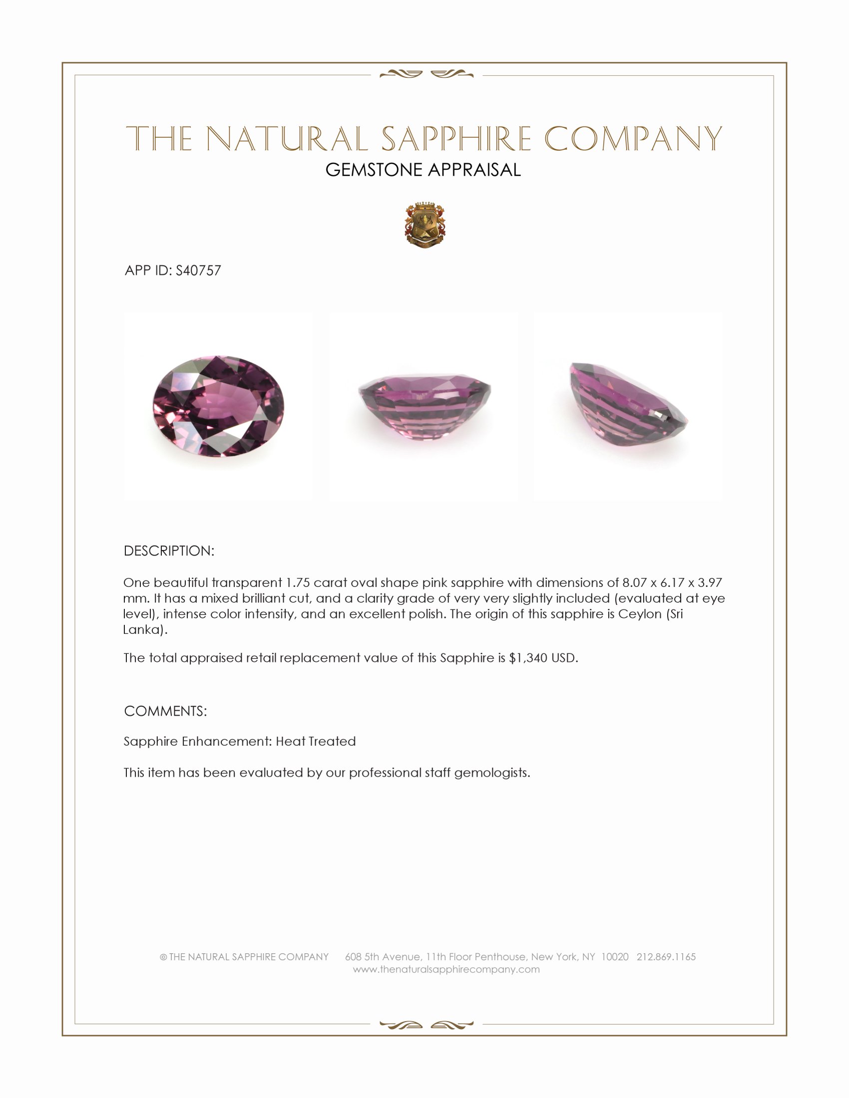 1.75 Ct. Pink Sapphire from Ceylon (Sri Lanka)