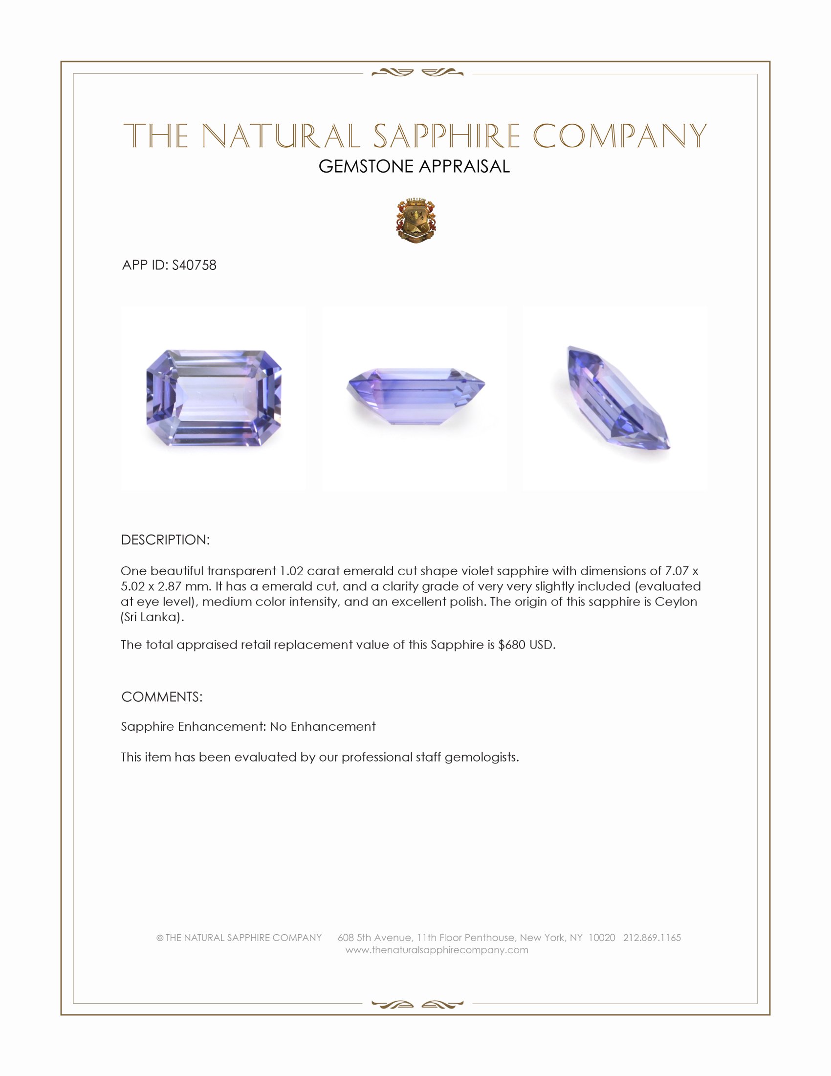 1.02 Ct. Violet Sapphire from Ceylon (Sri Lanka)