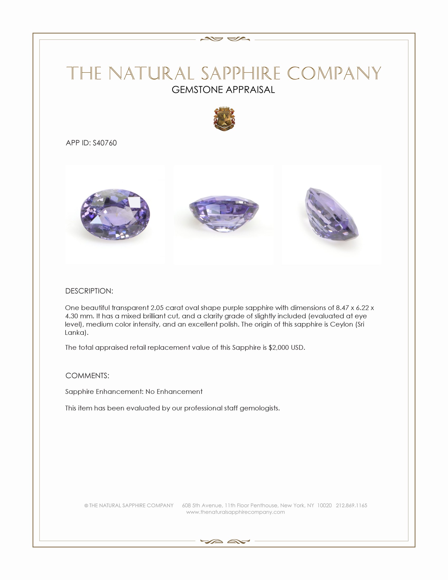 2.05 Ct. Purple Sapphire from Ceylon (Sri Lanka)