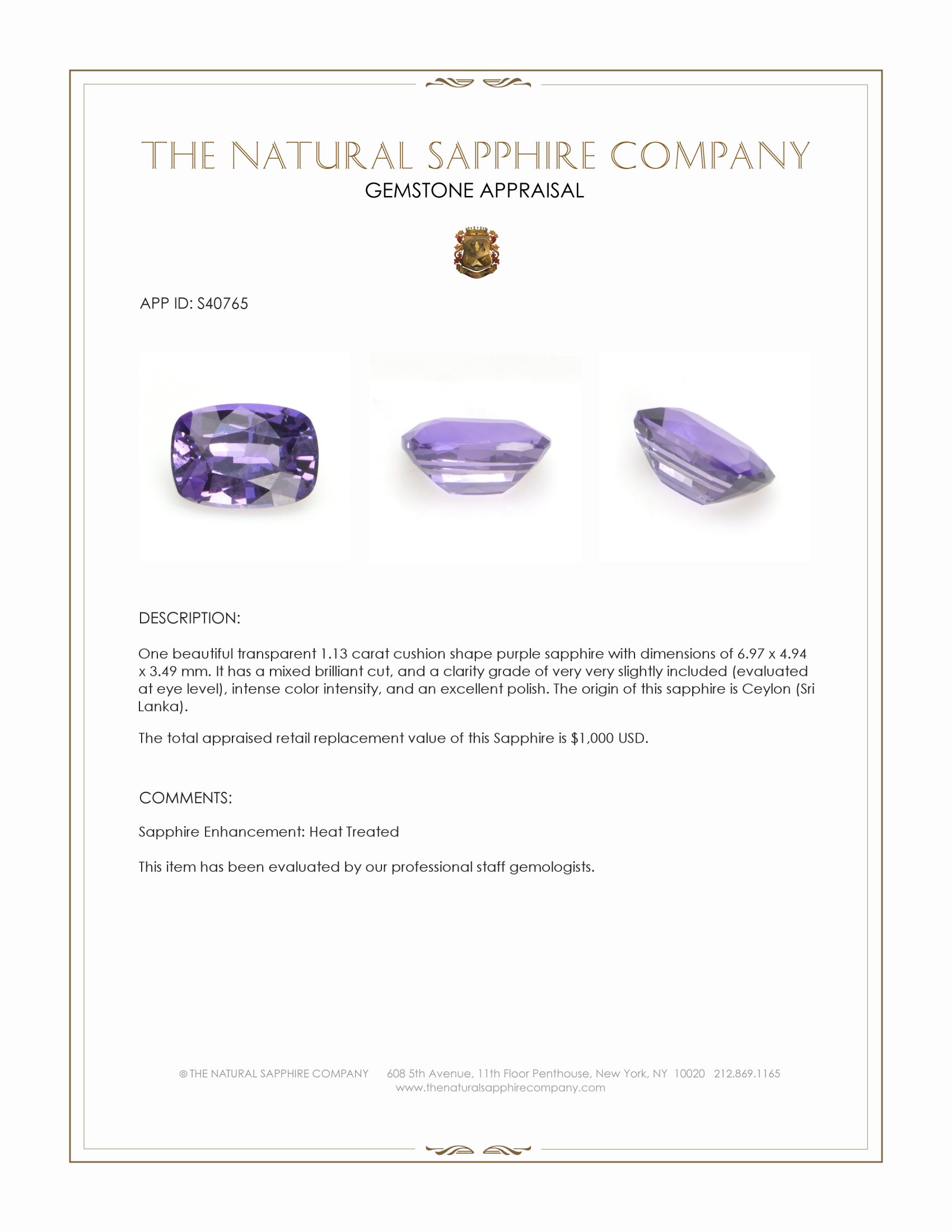 1.13 Ct. Purple Sapphire from Ceylon (Sri Lanka)