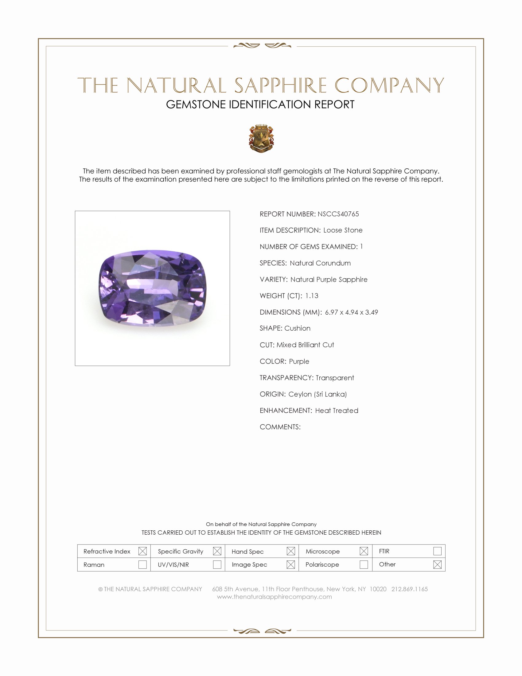 1.13 Ct. Purple Sapphire from Ceylon (Sri Lanka)