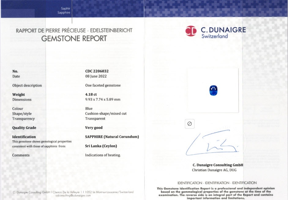 4.18 Ct. Blue Sapphire from Ceylon (Sri Lanka)