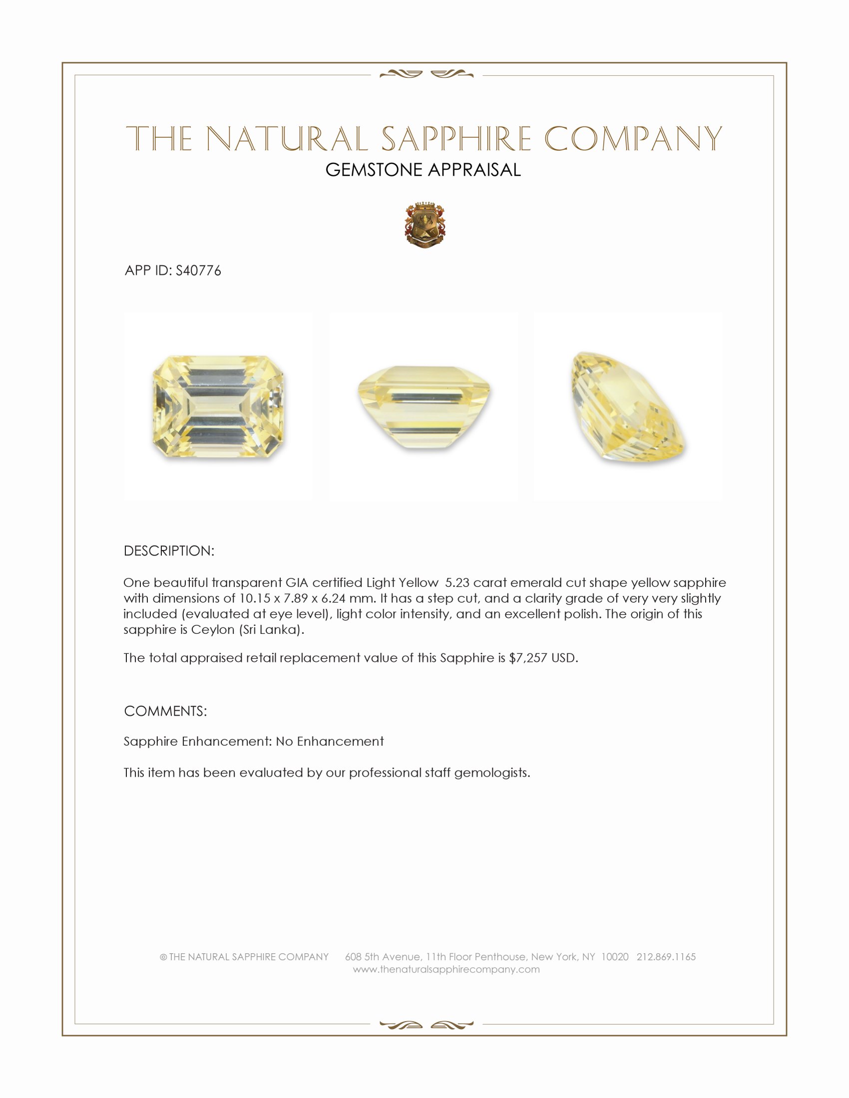 5.23 Ct. Yellow Sapphire from Ceylon (Sri Lanka)