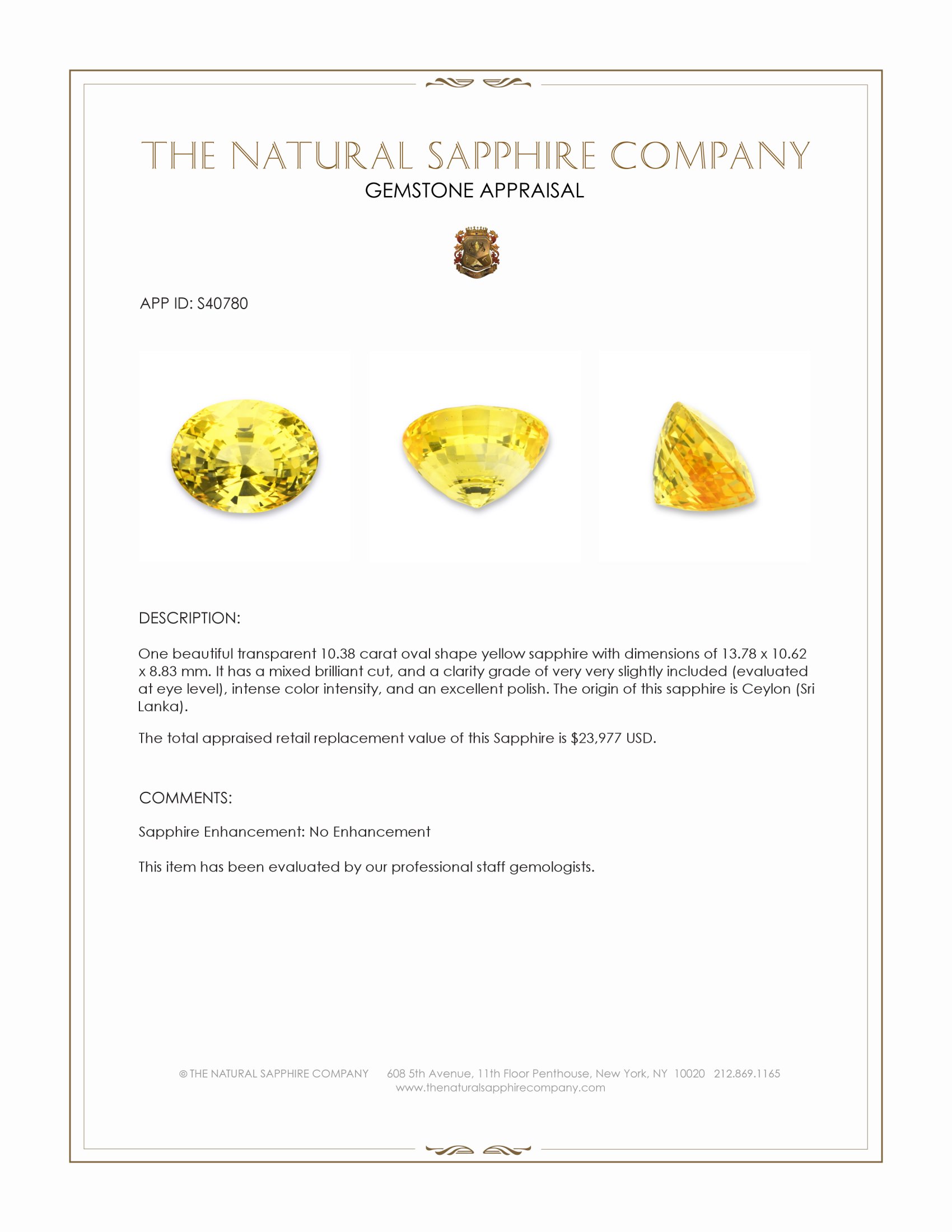 10.38 Ct. Yellow Sapphire from Ceylon (Sri Lanka)