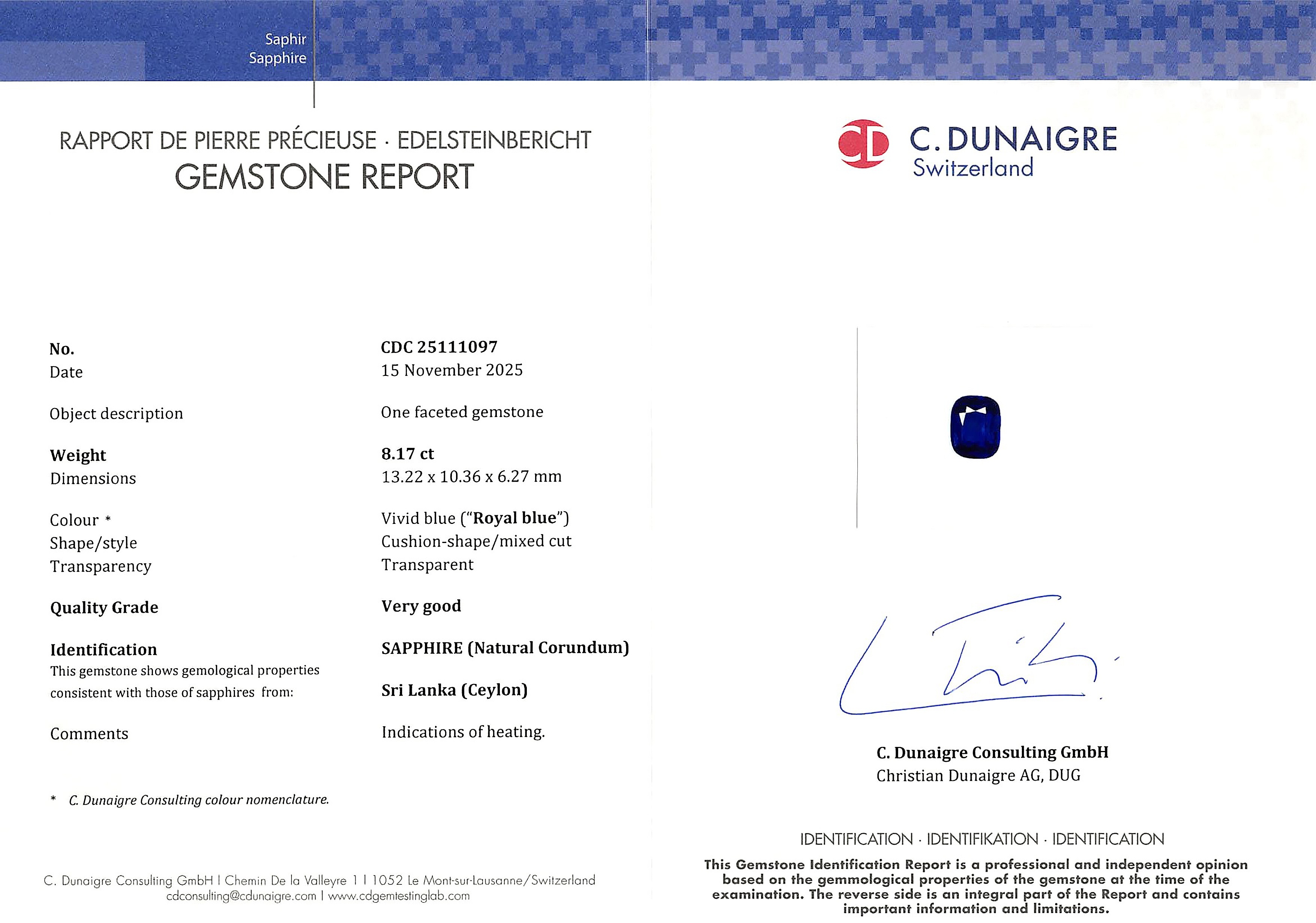 8.17 Ct. Blue Sapphire from Ceylon (Sri Lanka)