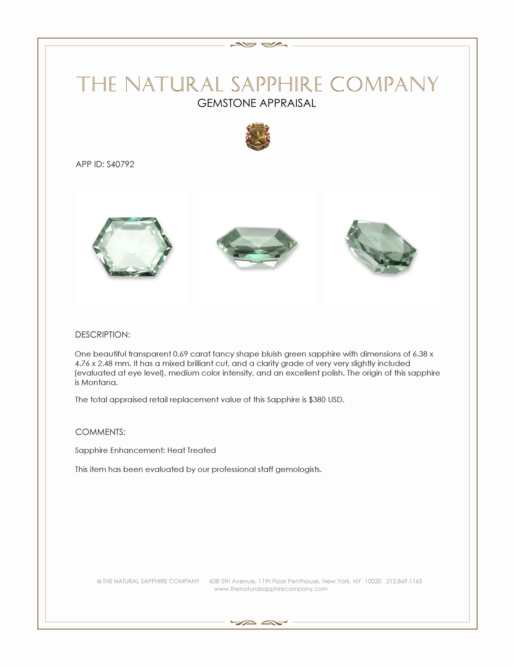 0.69 Ct. Bluish Green Sapphire from Montana