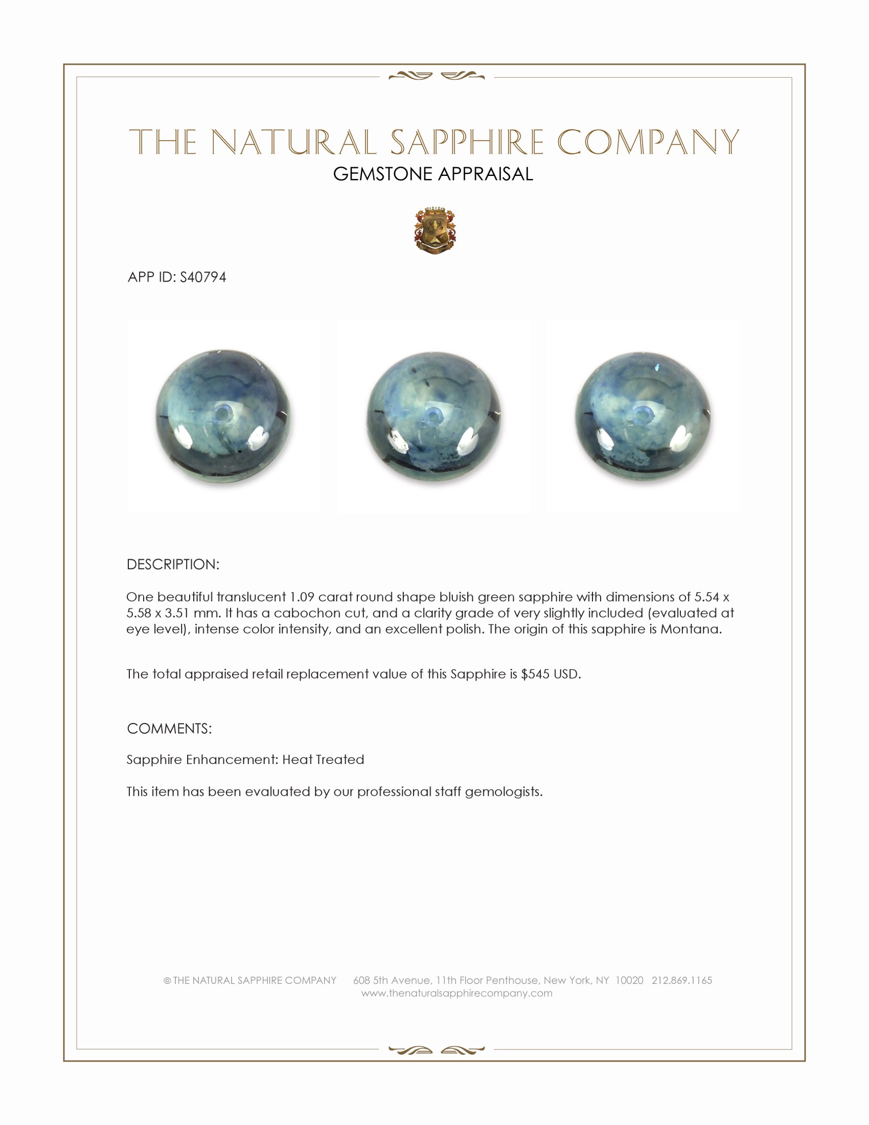 1.09 Ct. Bluish Green Cabochon Sapphire from Montana