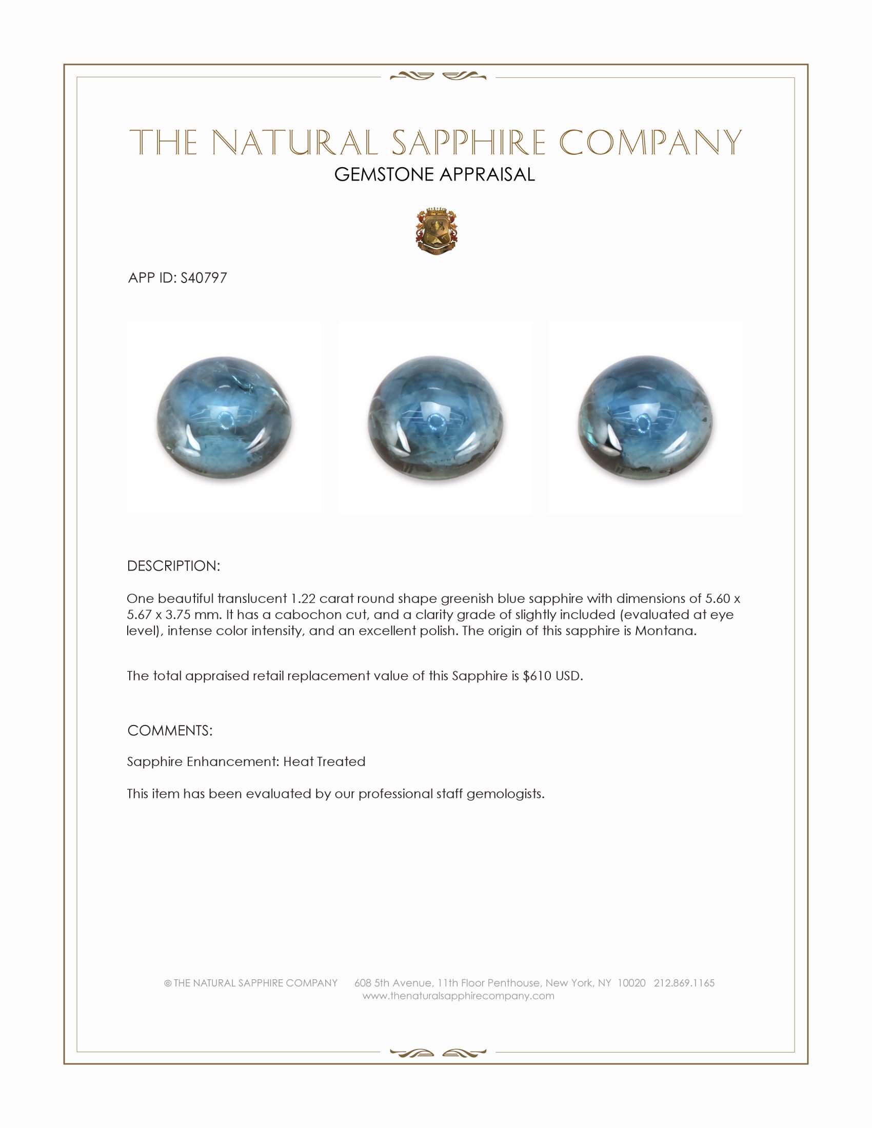 1.22 Ct. Greenish Blue Cabochon Sapphire from Montana