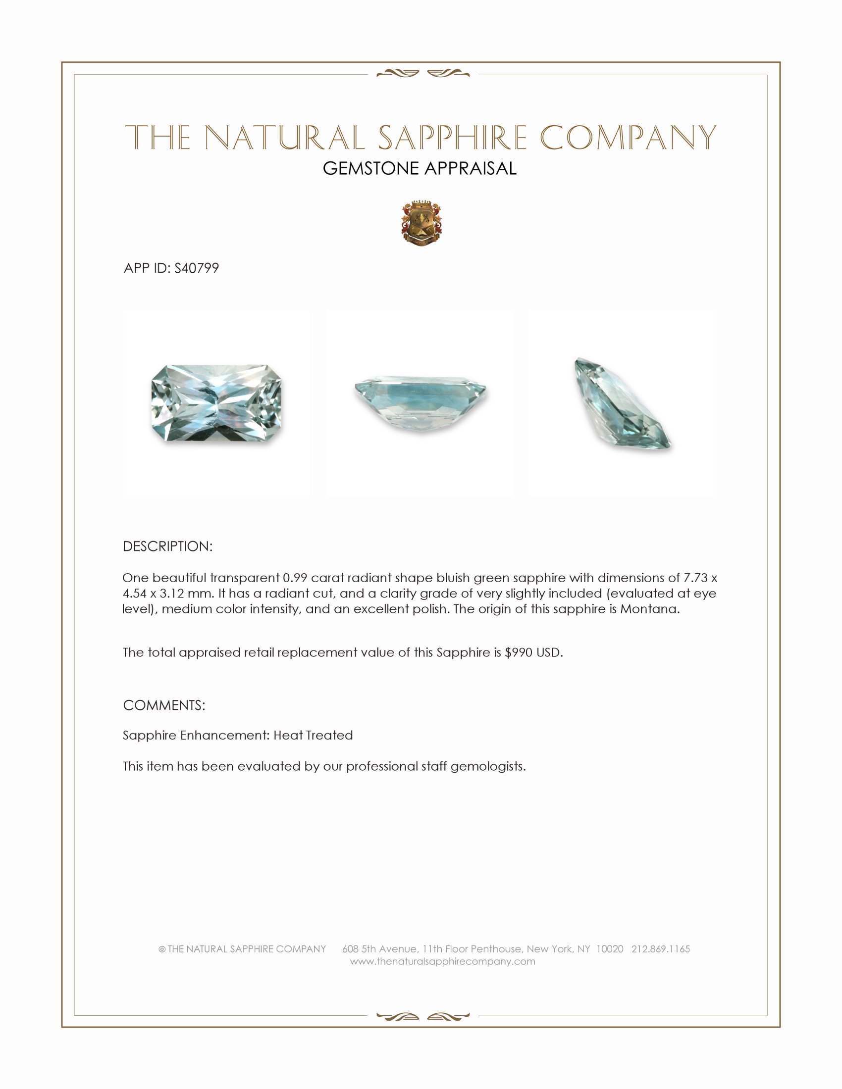 0.99 Ct. Bluish Green Sapphire from Montana